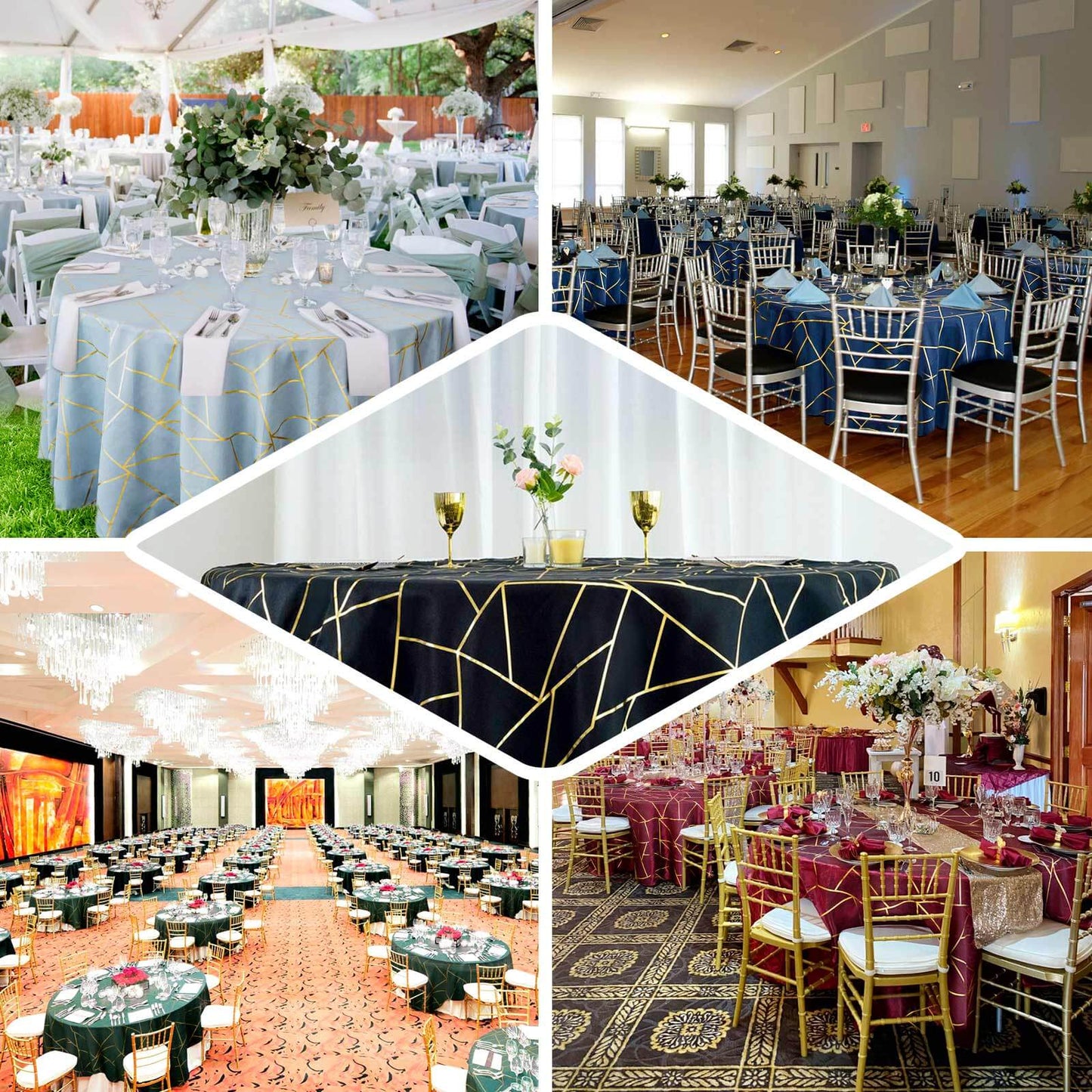 Polyester 120" Round Tablecloth White with Gold Foil Geometric Pattern Wrinkle-Resistant Modern Seamless Table Cover