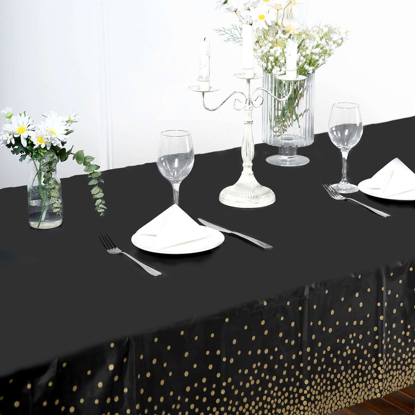 5-Pack Plastic Table Covers Black Rectangle with Gold Confetti Dots - Durable PVC Disposable Tablecloths for Events 54"x108"