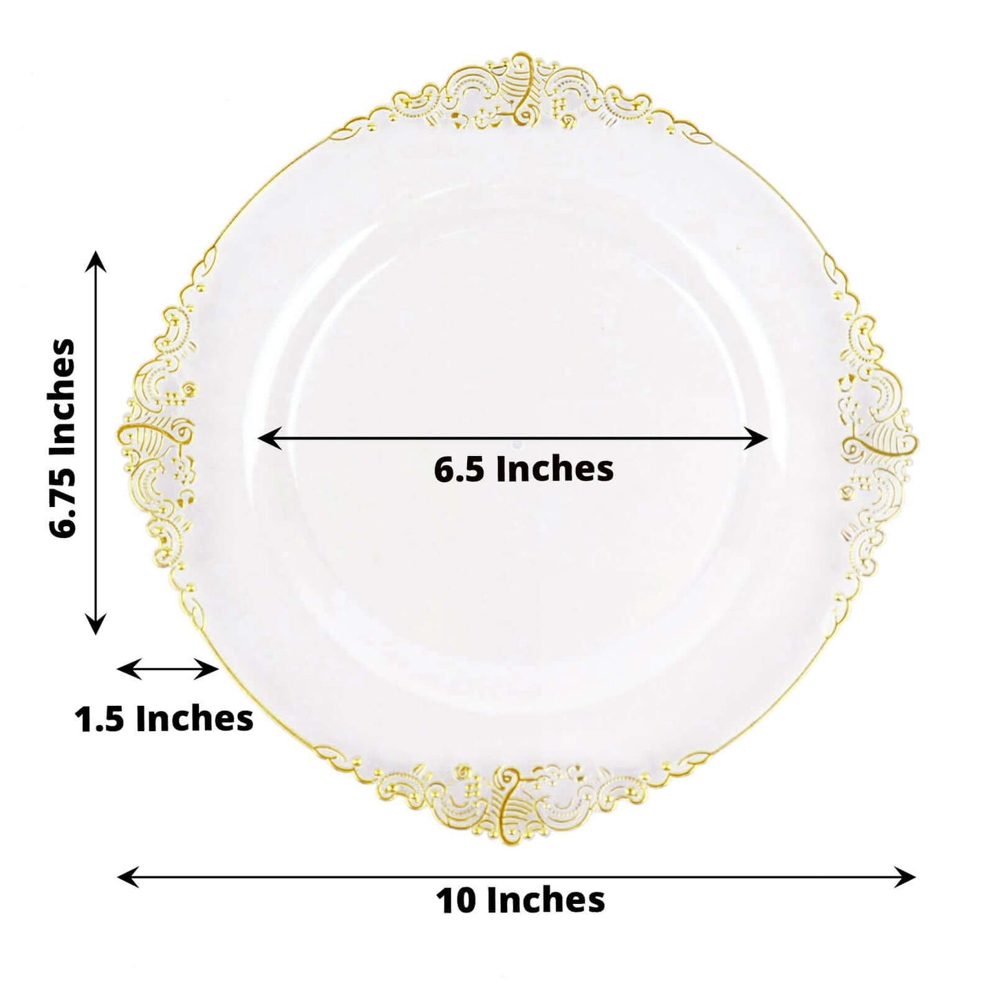 10-Pack Plastic 10" Round Dinner Plates in Clear with Gold Leaf Embossed Rim - Disposable Vintage Baroque Style Plates