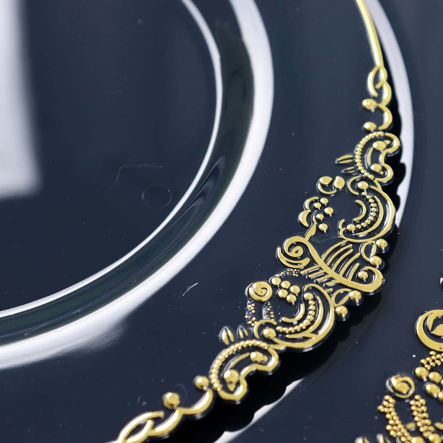 10-Pack Plastic 8" Round Dessert Plates in Navy Blue with Gold Leaf Embossed Rim - Disposable Vintage Baroque Style Salad Plates