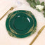 10-Pack Plastic 10" Round Dinner Plates in Hunter Emerald Green with Gold Leaf Embossed Rim - Disposable Vintage Baroque Style Plates