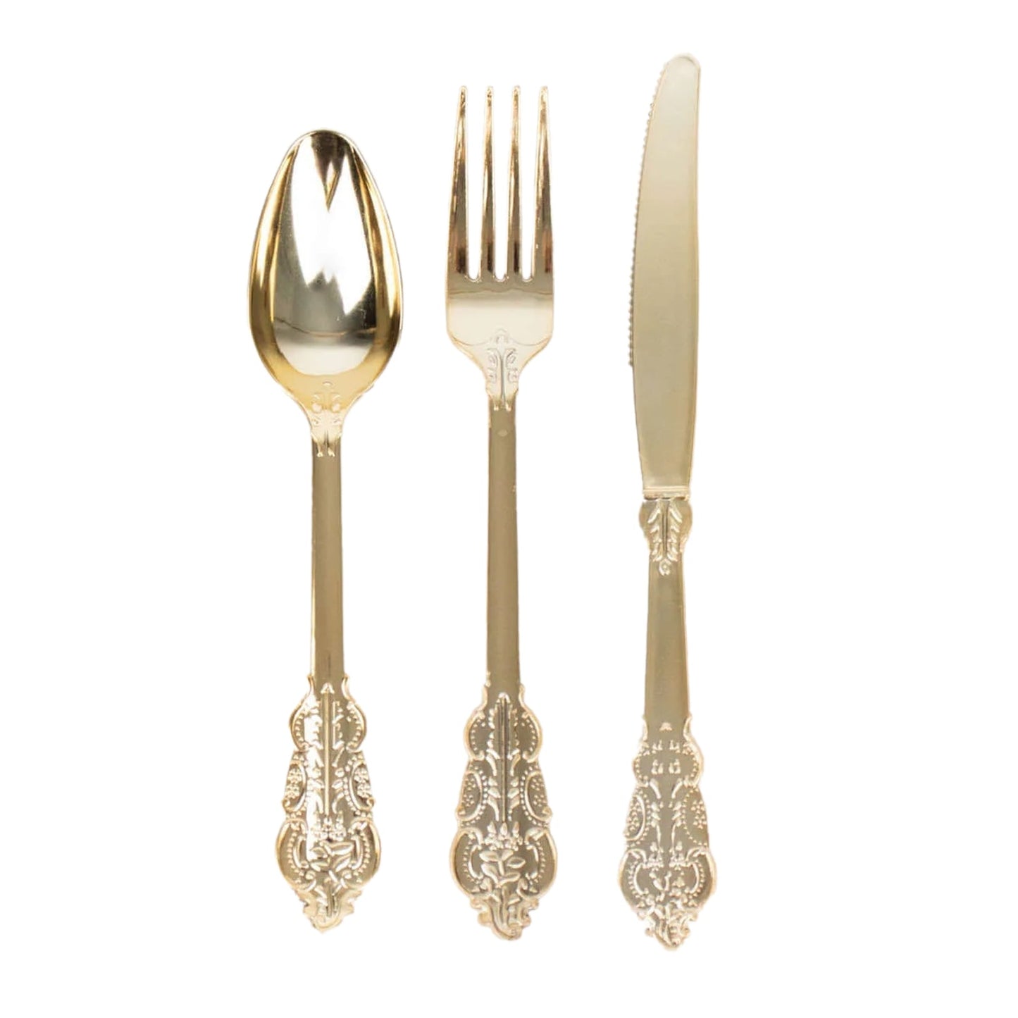 24 Pcs Plastic Silverware Set in Baroque Style Metallic Gold - Heavy Duty Disposable Knife, Fork, and Spoon Set