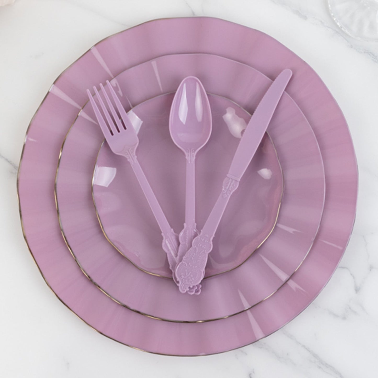 72 Pcs Plastic Silverware Set in Baroque Style Lavender Lilac - Heavy Duty Disposable Knife, Fork, and Spoon Set