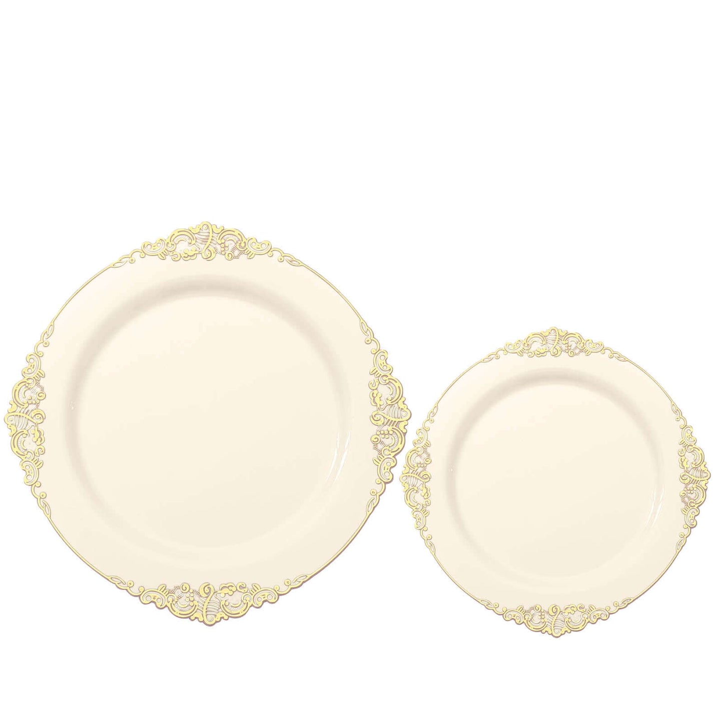 10-Pack Plastic 8" Round Dessert Plates in Ivory with Gold Leaf Embossed Rim - Disposable Vintage Baroque Style Salad Plates