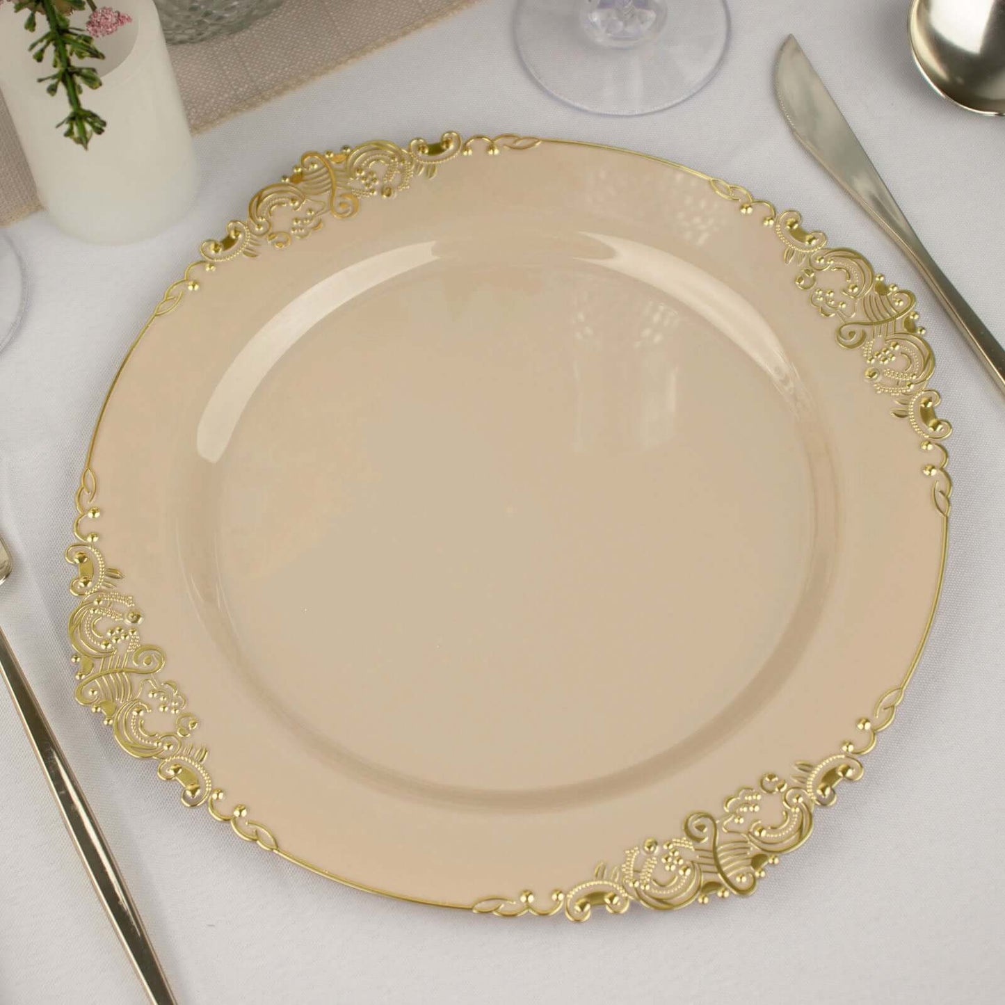 10-Pack Plastic 10" Round Dinner Plates in Taupe with Gold Leaf Embossed Rim - Disposable Vintage Baroque Style Plates