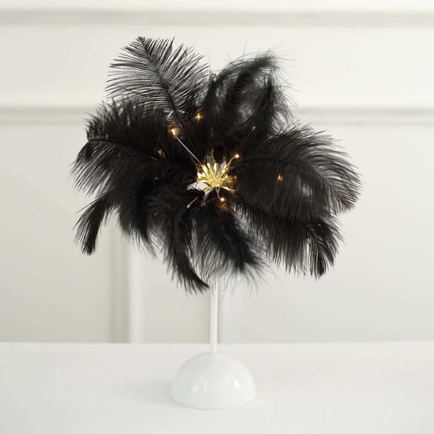 Table Lamp Ostrich Feather Design Black LED Battery Operated - Cordless Wedding Centerpiece 15"