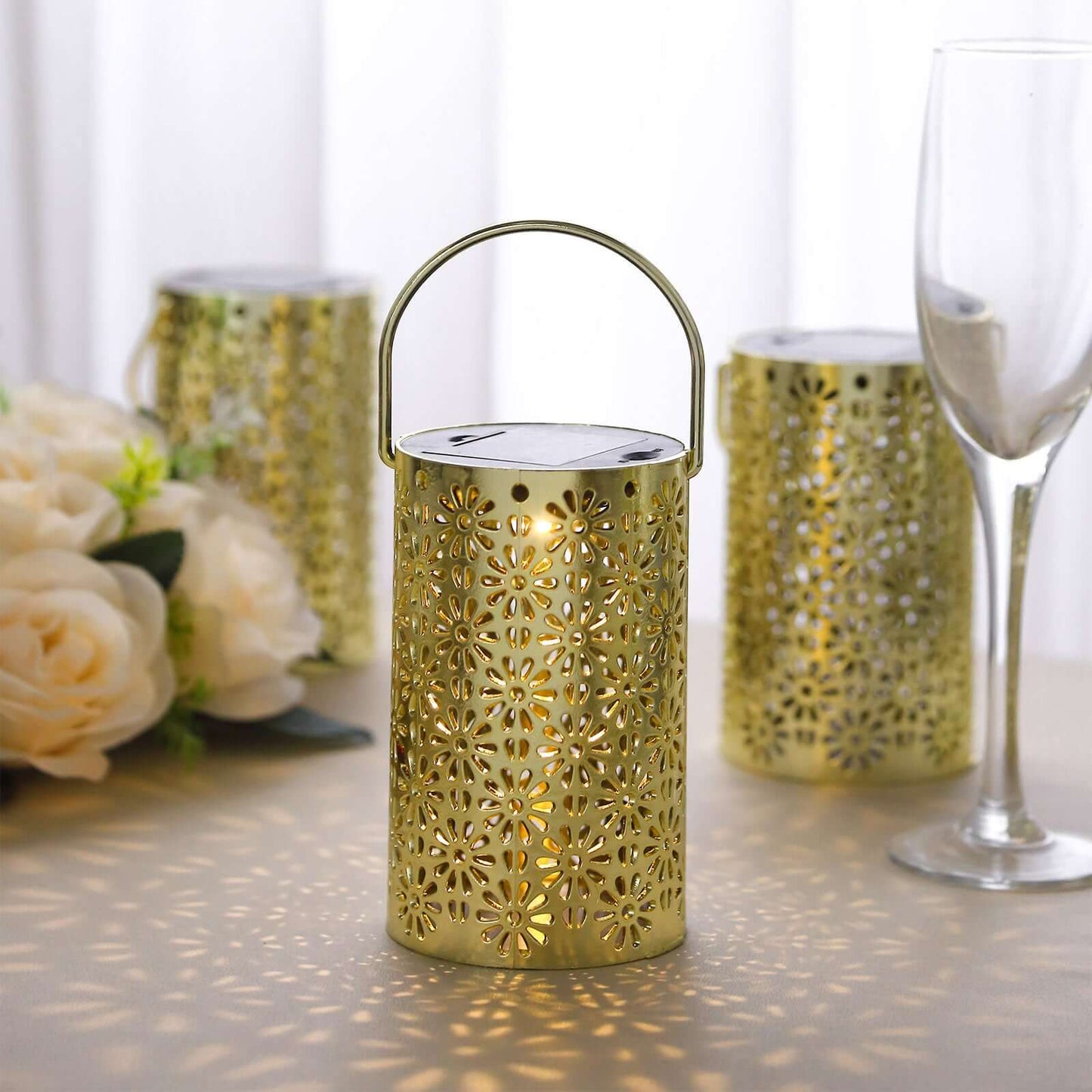 3-Pack LED Decorative Hanging Lanterns Flower Design Gold - Battery Operated Lights 3"x5"