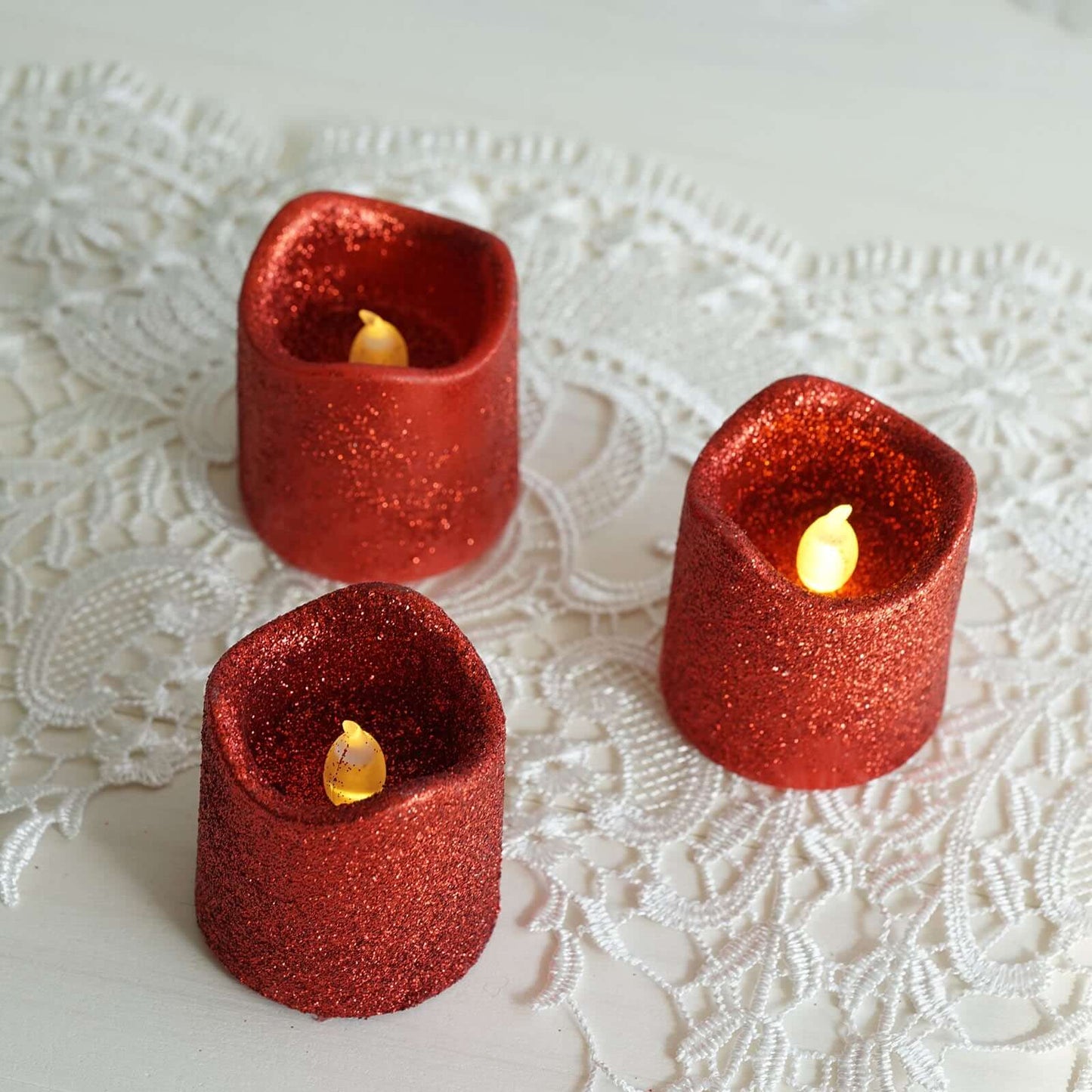 12-Pack LED Votive Candles Glittered Red Design - Reusable Flameless Battery Operated Lights