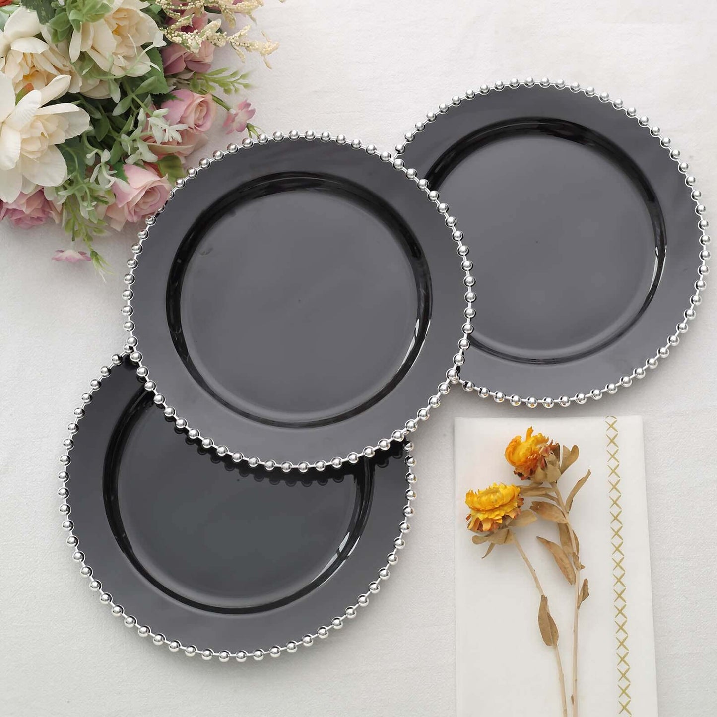 10-Pack Black Plastic Dessert Plates â€“ 8" Round with Silver Beaded Rim, Disposable for Parties & Events