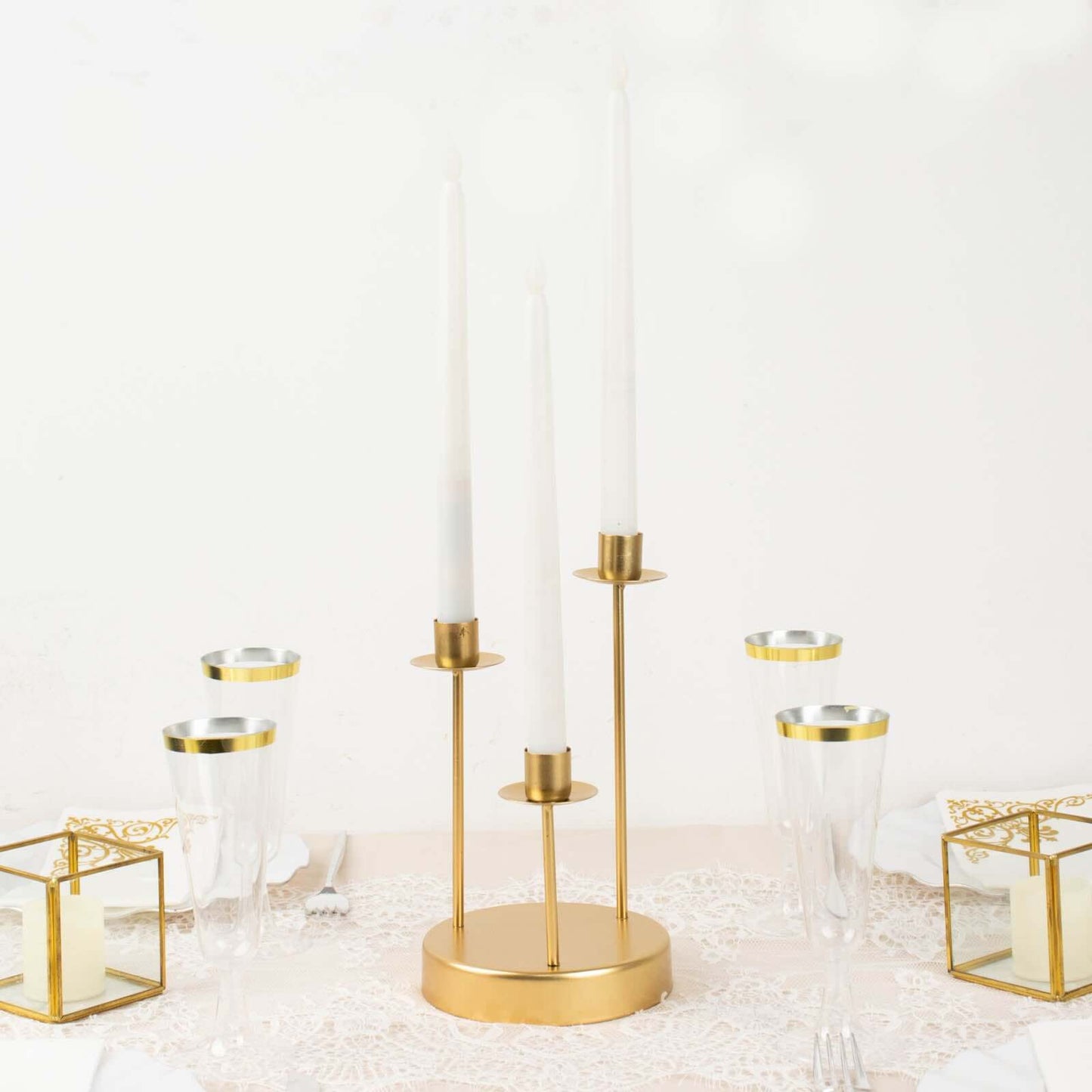 Vintage Candelabra 3-Arm Taper Candle Holder Gold Metal Wedding Table Centerpiece - Stylish Tabletop Accent 10"