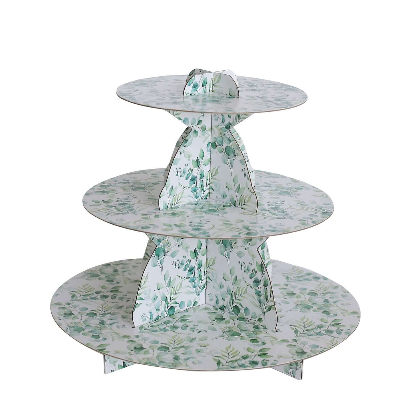 3-Tier Cardboard Cupcake Stand White with Green Eucalyptus Leaves Pattern - Reusable Dessert Display Stand Round Serving Platter for High-Tea Gatherings Weddings & Spring Celebrations 11"