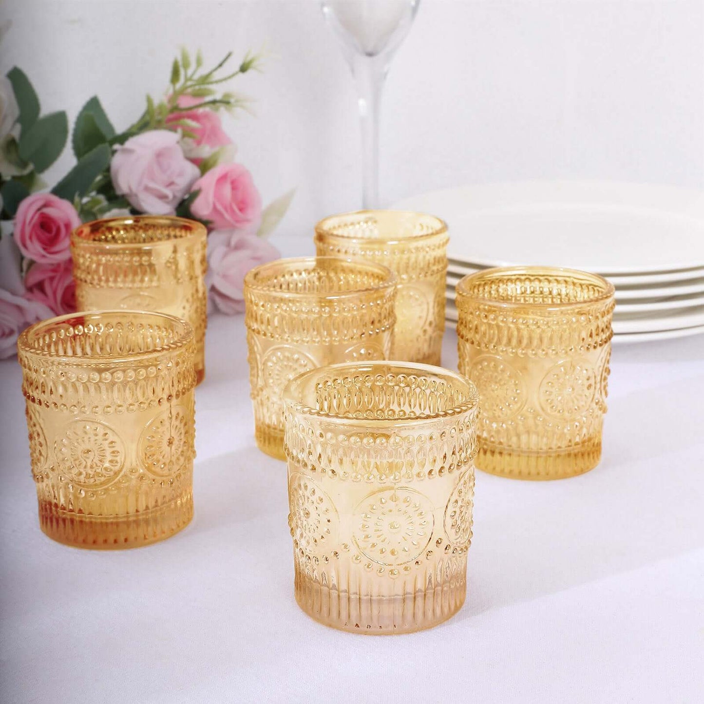 6-Pack Amber Gold Glass Votive Tealight Holders - Stylish Primrose Design for Weddings & DÃ©cor