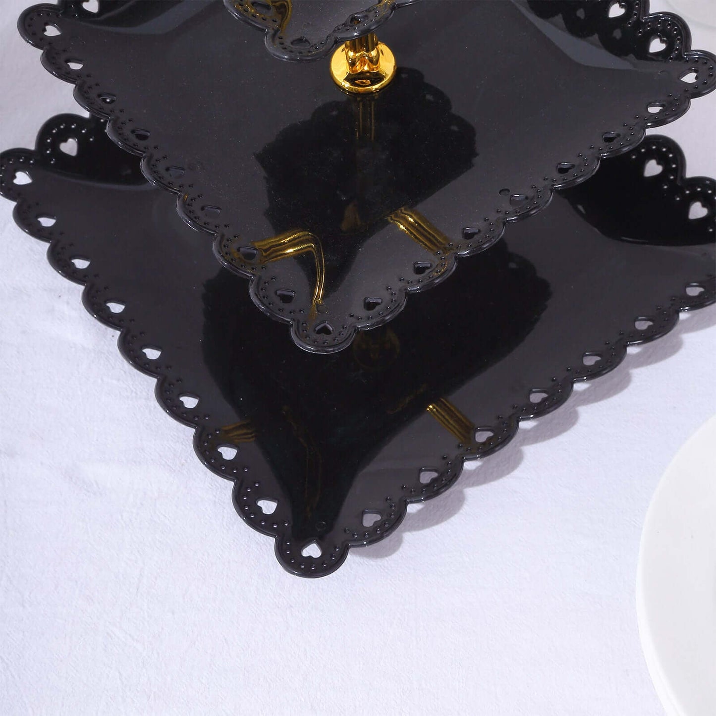 3-Tier Plastic Square Cupcake Stand Tower Black - Charming Disposable Dessert Display Serving Tray Platter with Heart Wavy Edge & Gold Top Handle for Tea Parties Weddings & Special Occasions 13"
