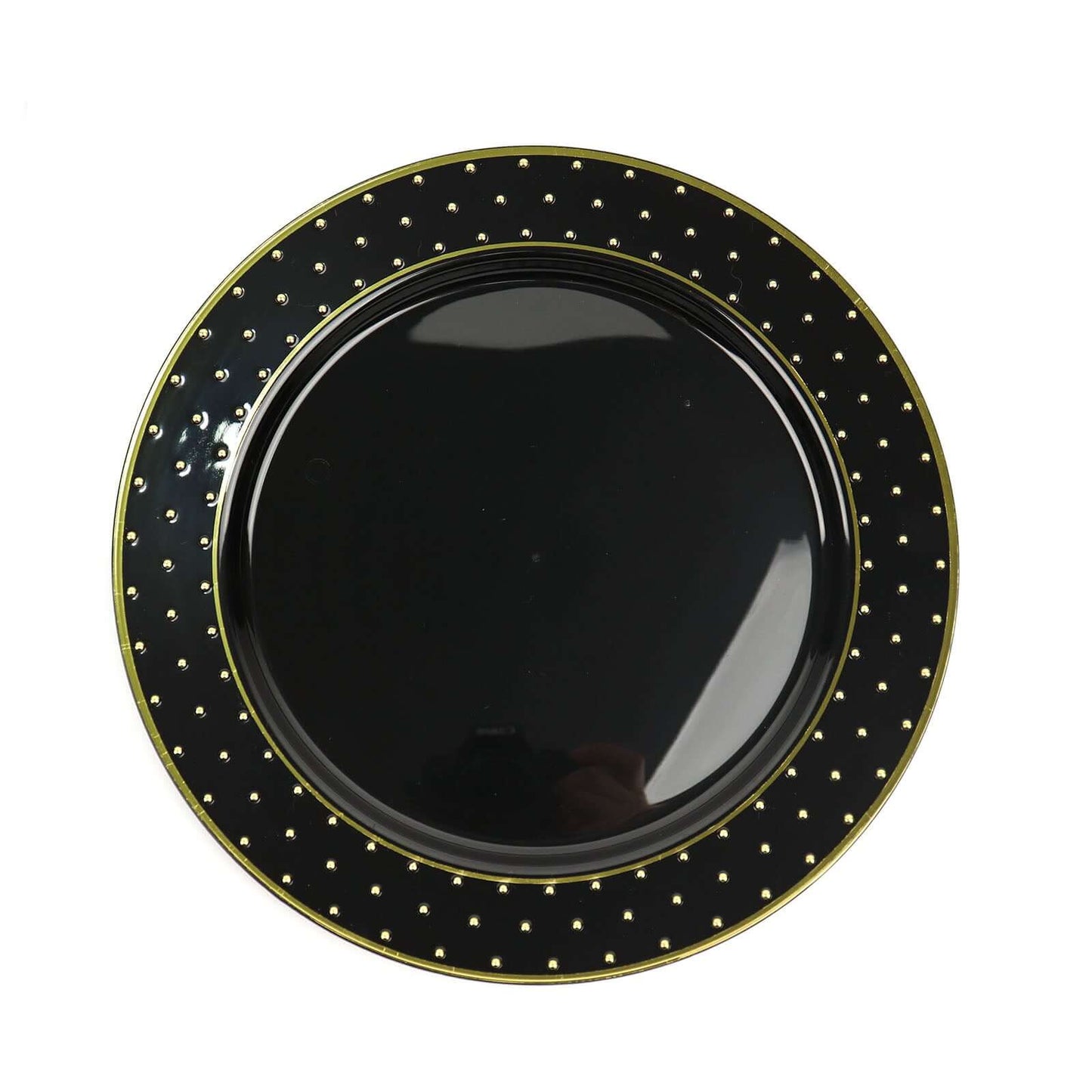 10-Pack Plastic 7.5" Round Dessert Plates in Black with Gold 3D Polka Dotted Rim - Durable Disposable Appetizer Salad Plates for Modern Themed Events & Banquets