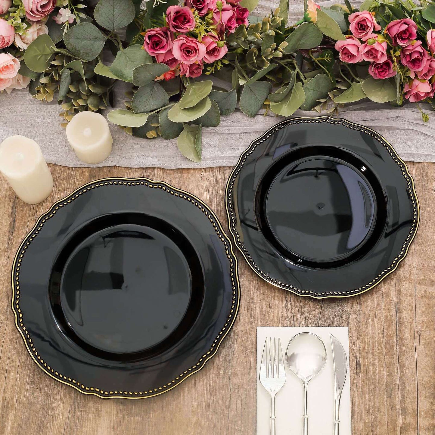 10-Pack Plastic 10" Dinner Plates in Black with Gold Scalloped Rim - Disposable Large Party Plates