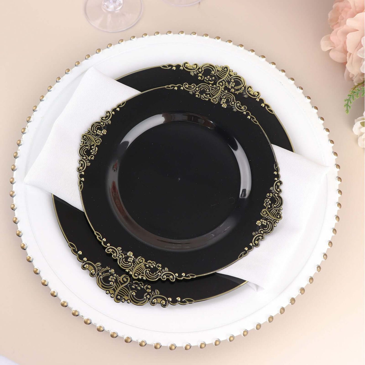 10-Pack Plastic 8" Round Dessert Plates in Black with Gold Leaf Embossed Rim - Disposable Vintage Baroque Style Salad Plates
