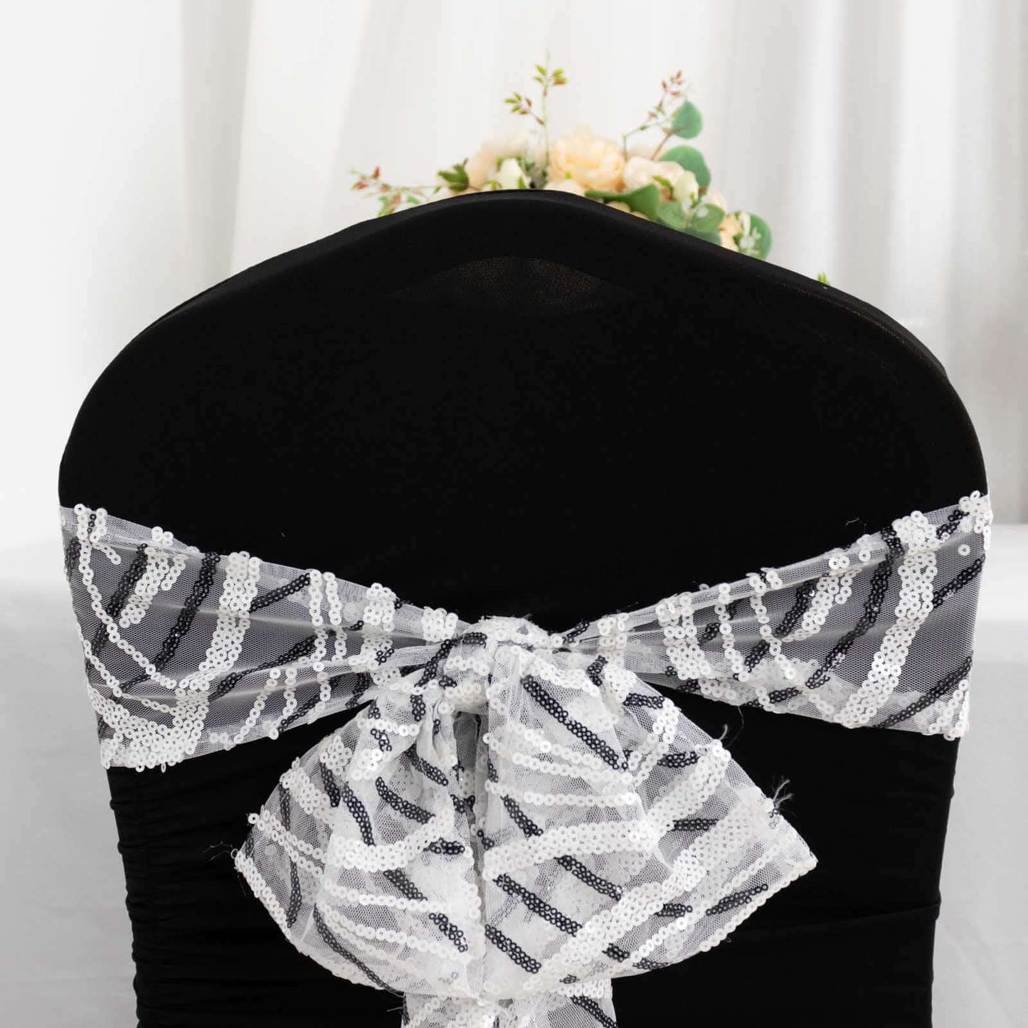 5 Pack Chair Sashes with Wave Embroidered Sequins White/Black 6"x88" - Stylish Glittering Decor for Weddings