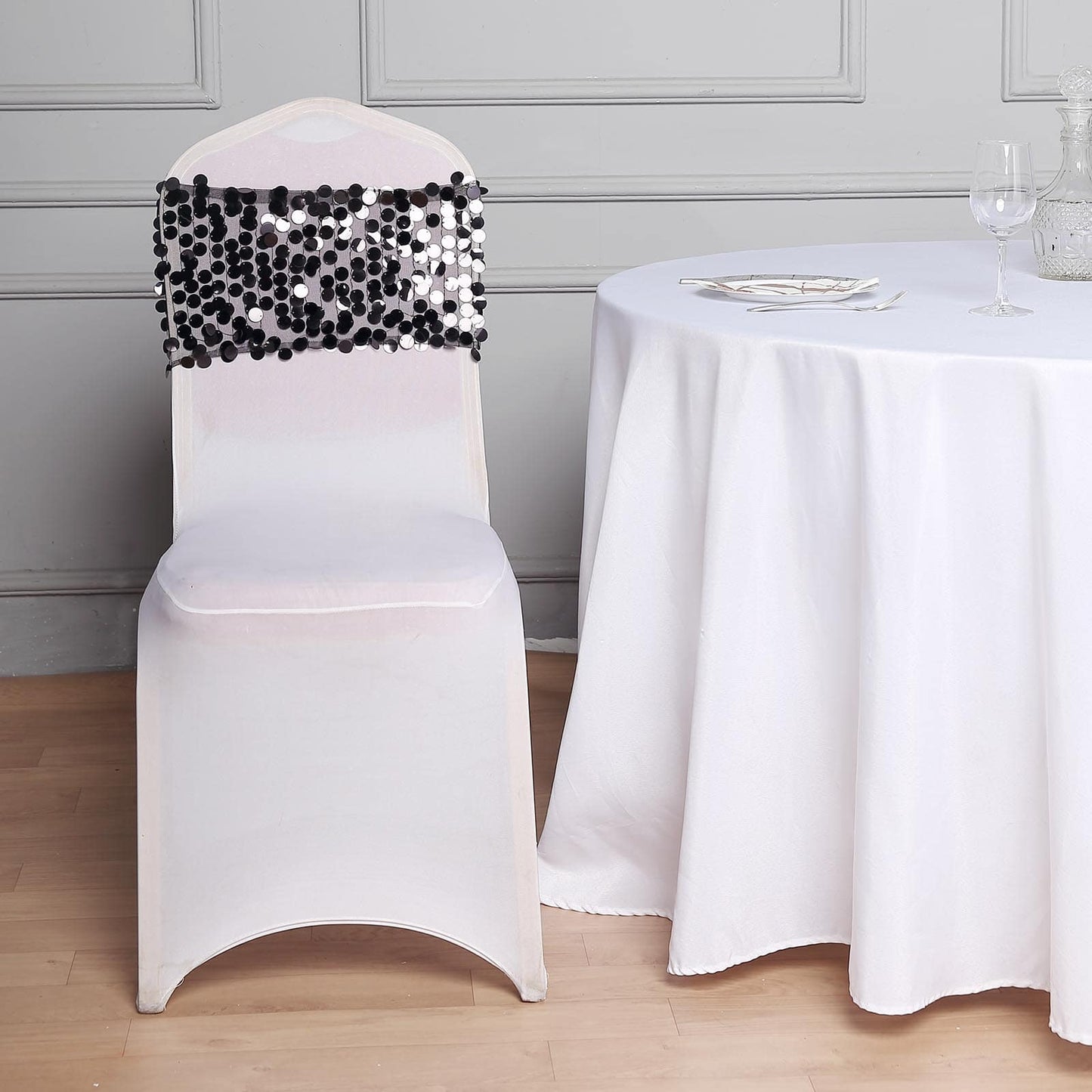 5 Pack Big Payette Sequin 13"x10" Chair Sash Bands Black - Stylish Glittering Decor for Weddings & Gatherings