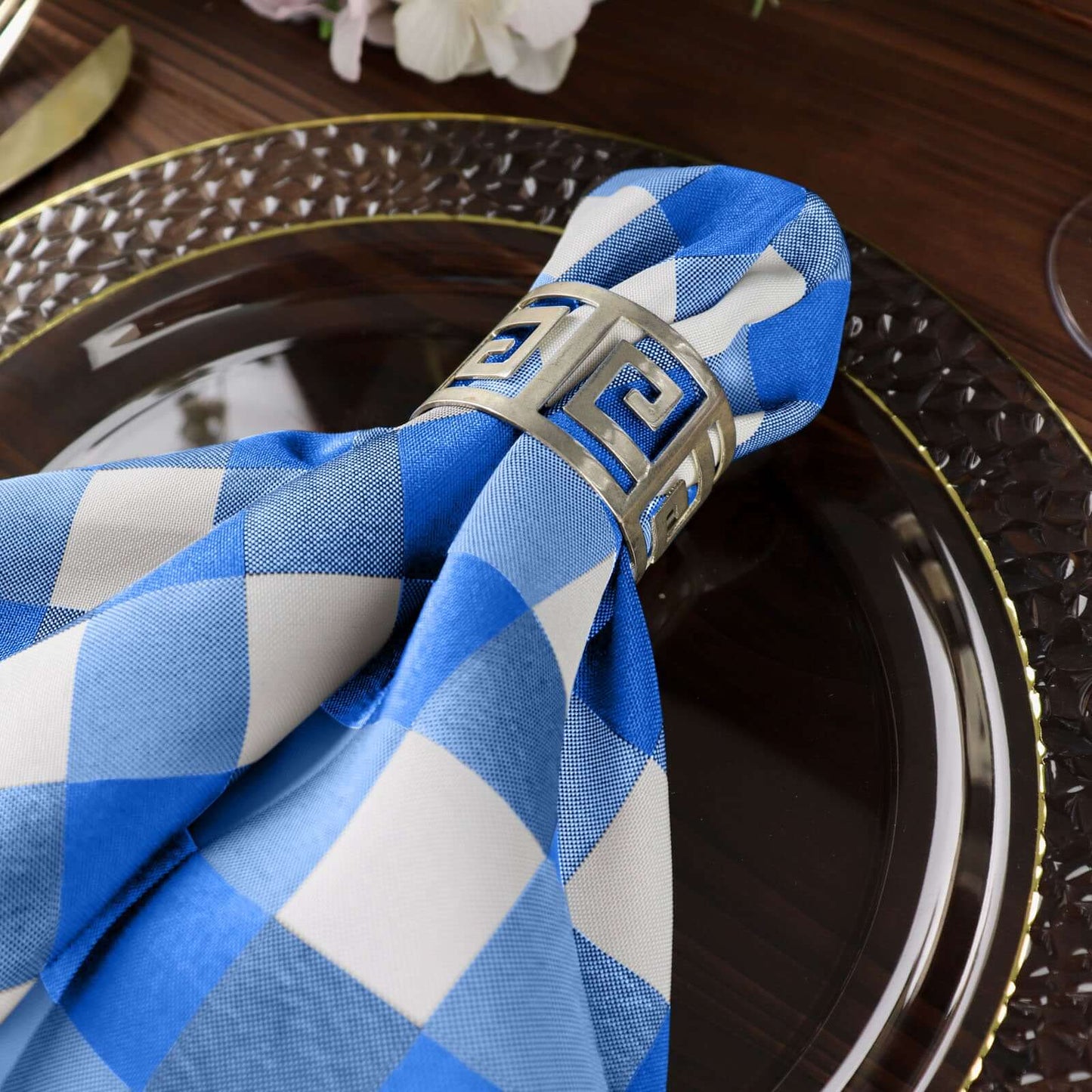 5 Pack Polyester 15"x15" Napkins Blue/White Buffalo Plaid Gingham Style Cloth Napkins