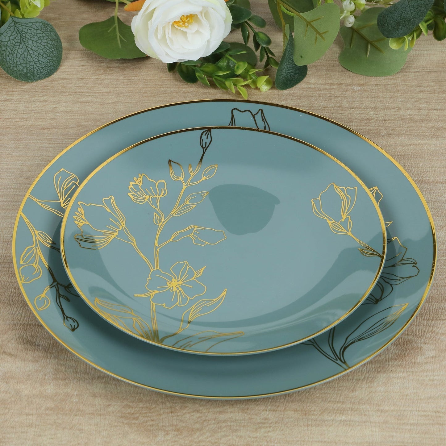 Set of 20 Dusty Blue Plastic Dinner Dessert Plates With Metallic Gold Floral Design, Disposable Round Party Plates - 8",10"