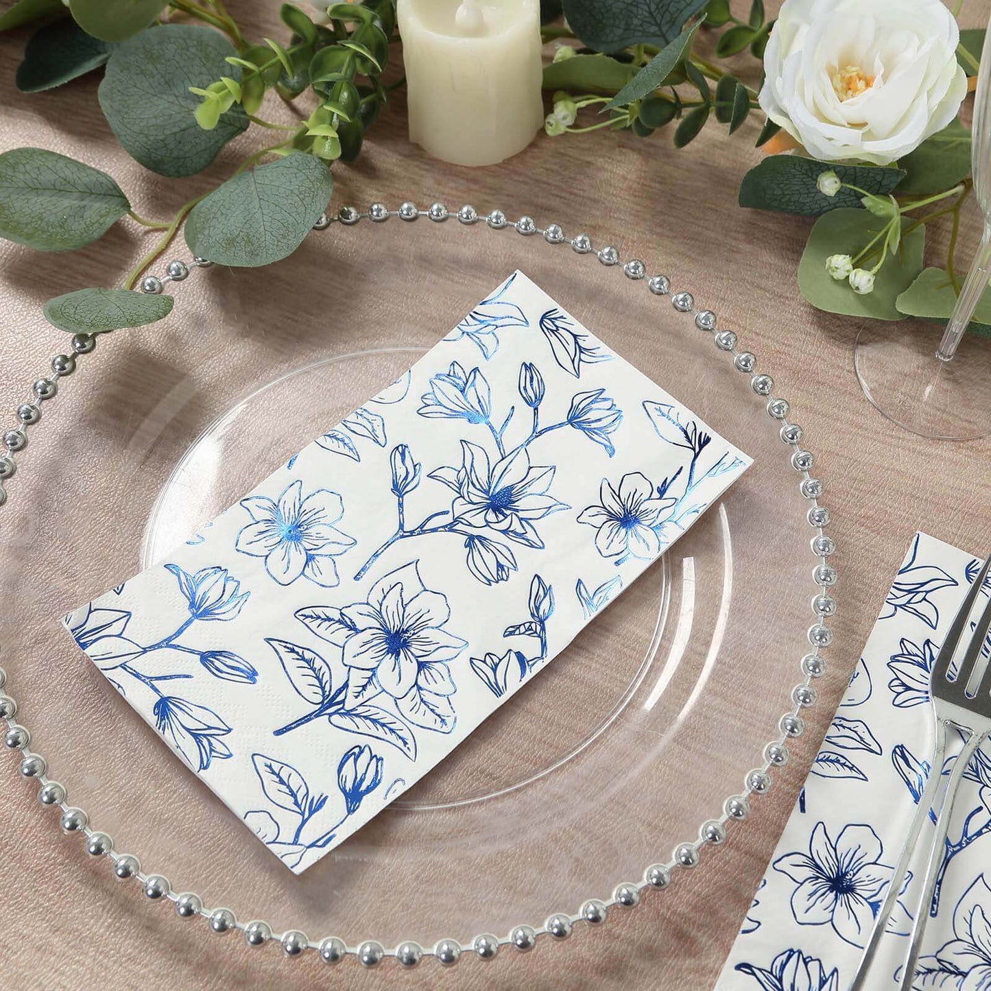 50-Pack Paper Dinner Napkins White with Blue Magnolia Flowers Print 2-Ply - Disposable Soft Napkins for Parties