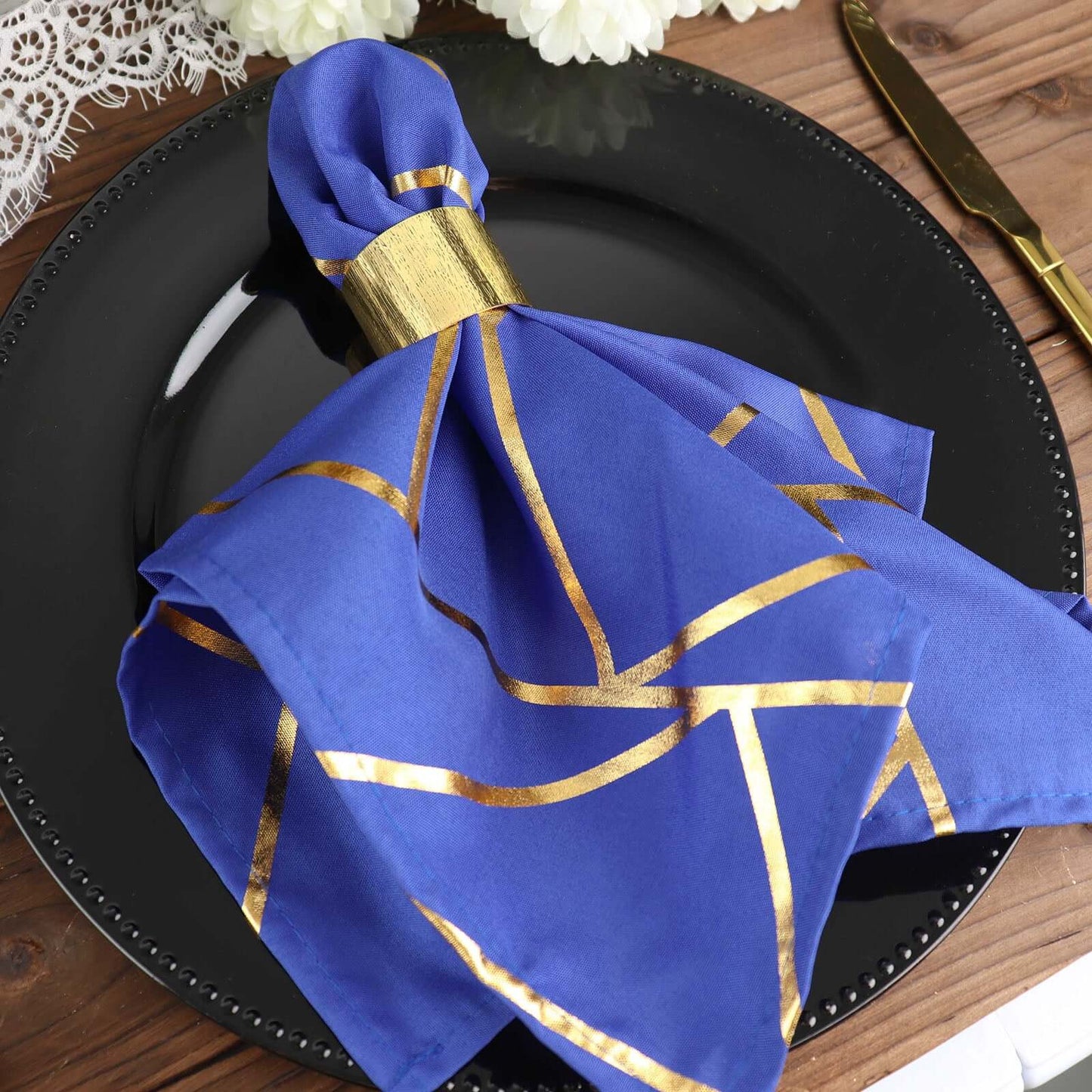 5 Pack Polyester 20"x20" Napkins Royal Blue with Gold Geometric Foil Pattern - Modern Reusable Dinner Napkins