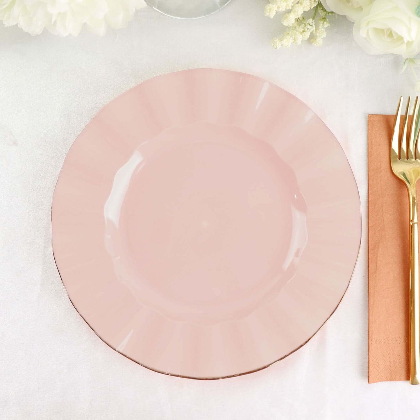 10-Pack Plastic 9" Round Dinner Plates in Blush Ruffled Rim with Gold Edging - Sturdy Disposable Dinnerware