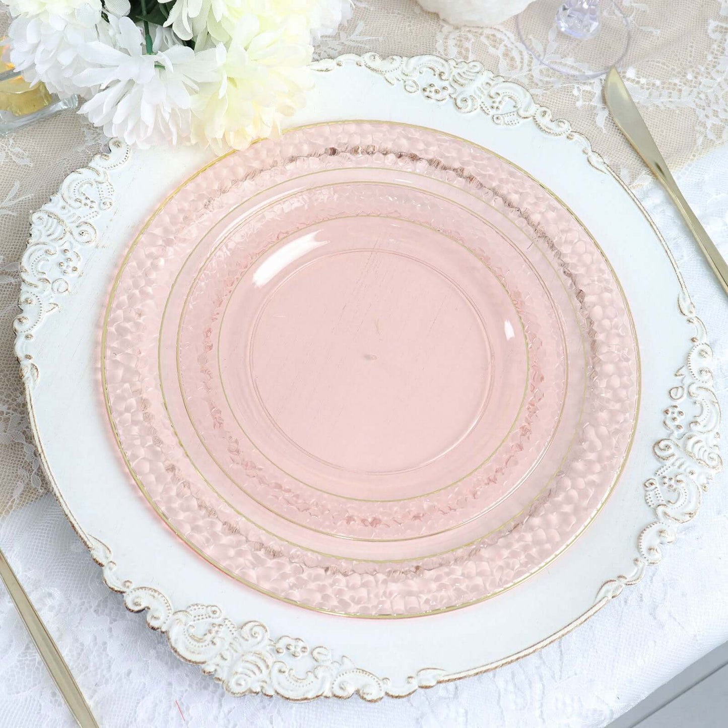 10-Pack Plastic 10" Round Dinner Plates in Blush Hammered Design with Gold Rim - Disposable Party Plates for Chic Banquets & Special Occasions