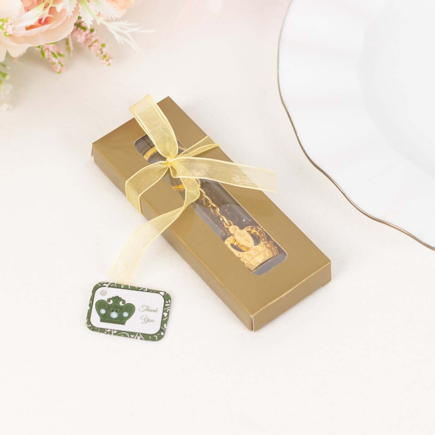 5 Pack Gold Metal Princess Crown Keychain Party Favor Souvenir, 3" Pre-Packed Wedding Bridal Shower Favor Gift Box With Ribbon & Thank You Tag