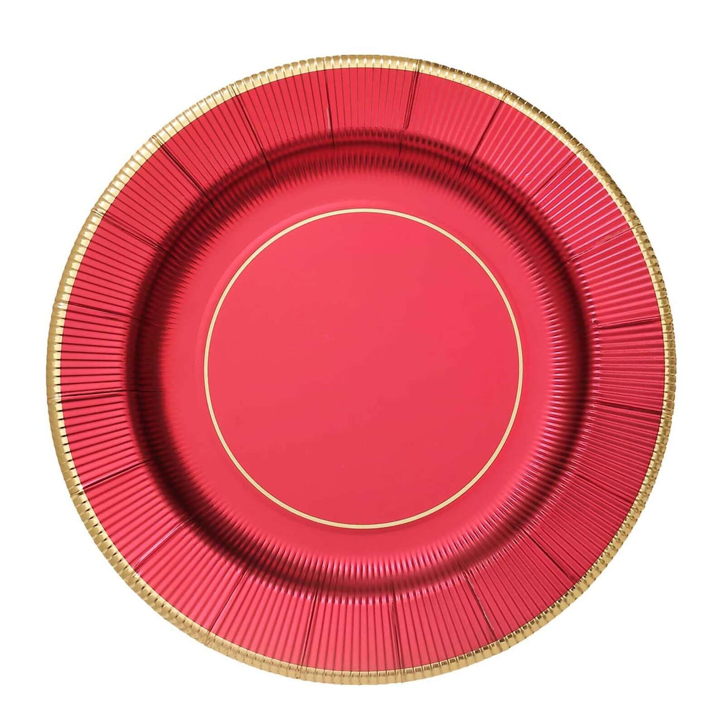 25-Pack Disposable Round Charger Plates in Burgundy Sunray Design with Gold Rim - 350GSM Heavy Duty Paper Chargers 13"
