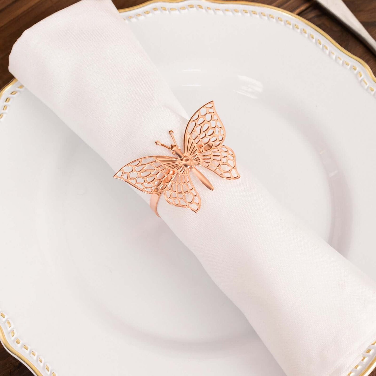 4 Pack Rose Gold Metal Butterfly Napkin Rings, Decorative Laser Cut Cloth Napkin Holders