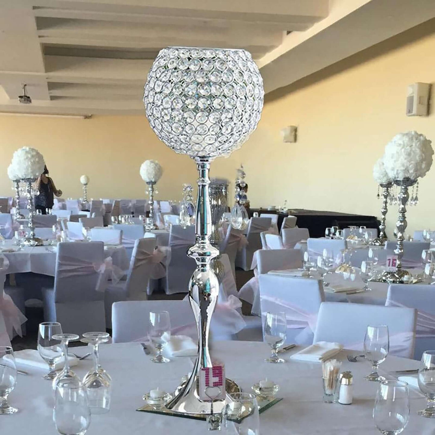 Acrylic Crystal Beaded Goblet Candle Holder Silver - Exquisite Flower Ball Centerpiece Stand for High-End Event Styling 30"