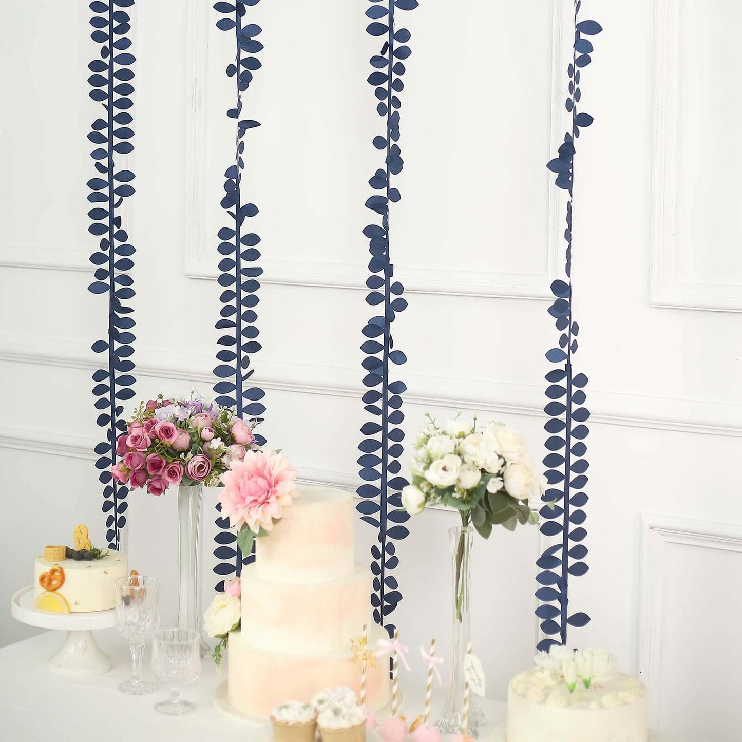 Taffeta Ribbon Sash with 4" Leaf Petal Design Navy Blue 50ft - Sophisticated Artificial Fabric Garland