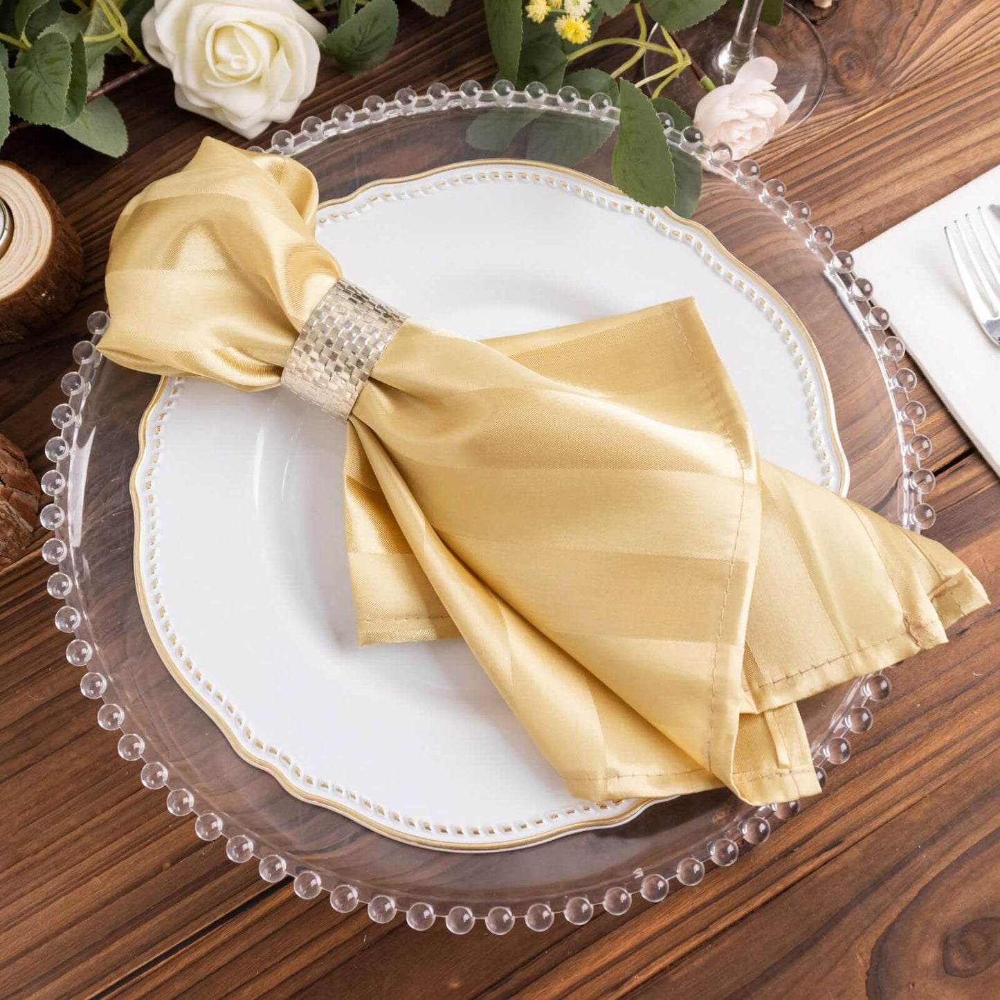 5 Pack Satin 20"x20" Napkins Champagne Glossy Stripes - Durable & Wrinkle-Free Cloth Napkins