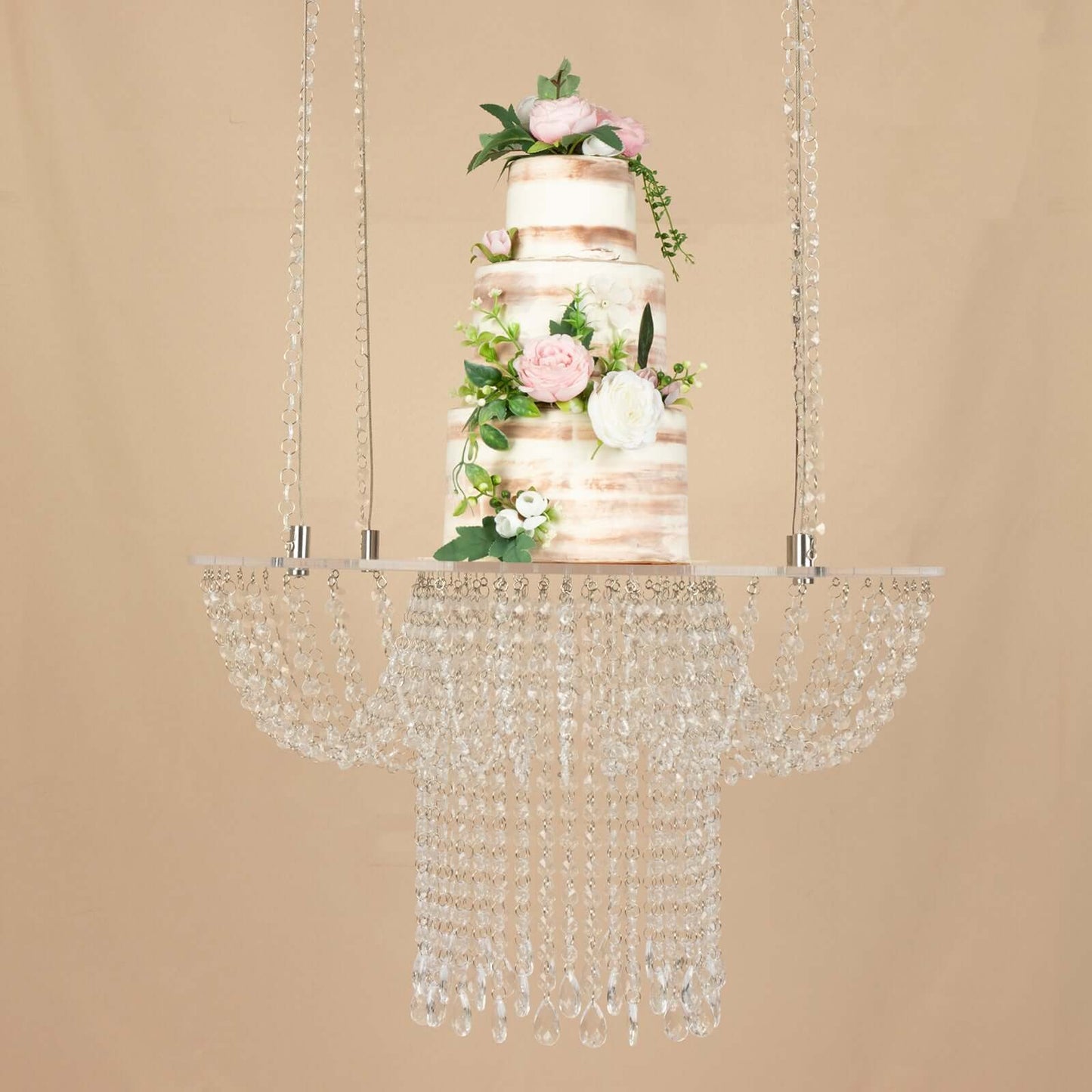 Acrylic Hanging Chandelier Cake Stand with Crystal Drapes - Suspended Round Wedding Cake Swing with 5ft Steel Wire Chains 25"