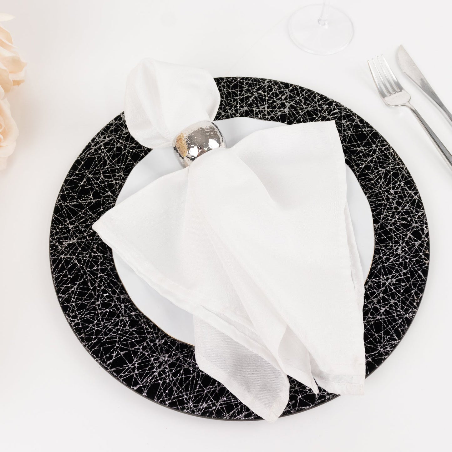 6-Pack Acrylic Round Charger Plates 13" in Black with Silver Glitter Abstract Lines Pattern, Decorative Dinner Party Charger Tableware