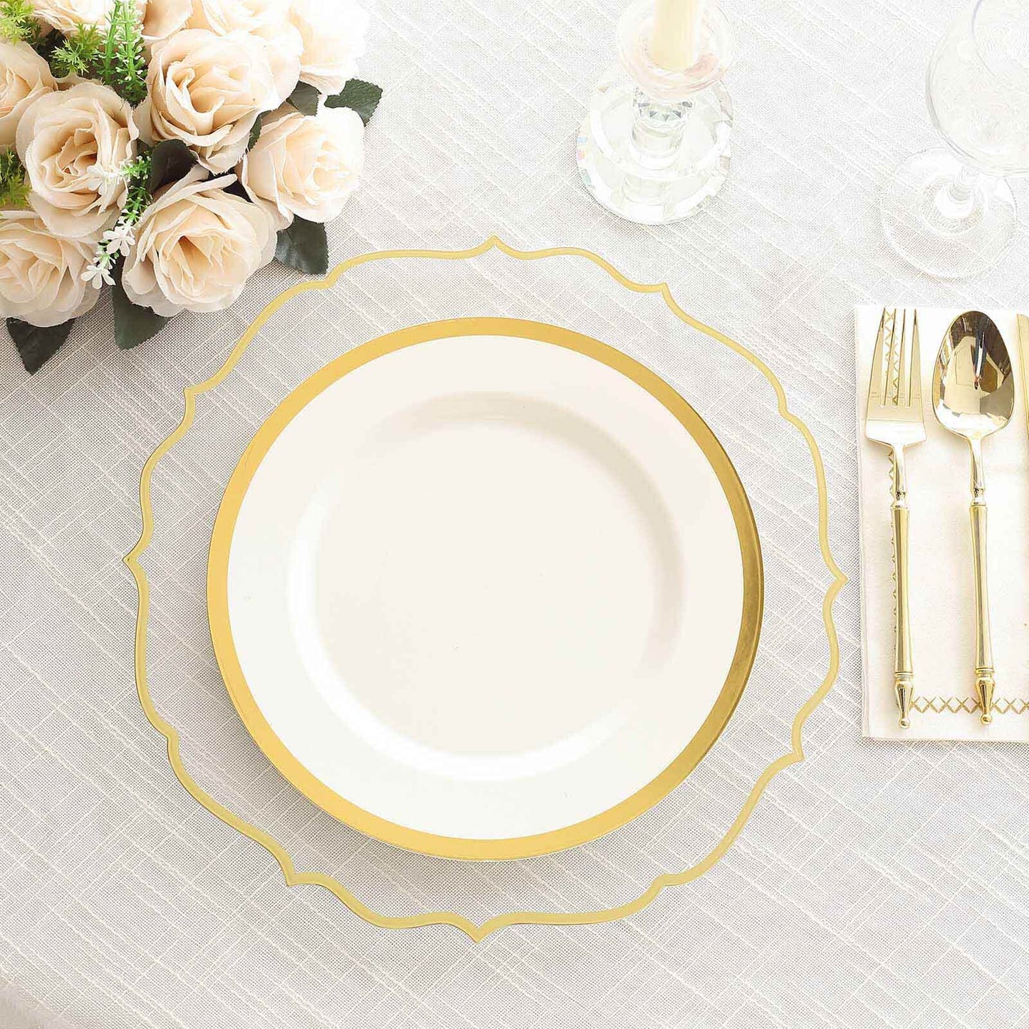 10-Pack Economy Plastic Round Charger Plates 13" in Clear with Gold Scalloped Rim, Decorative Dinner Party Serving Plates