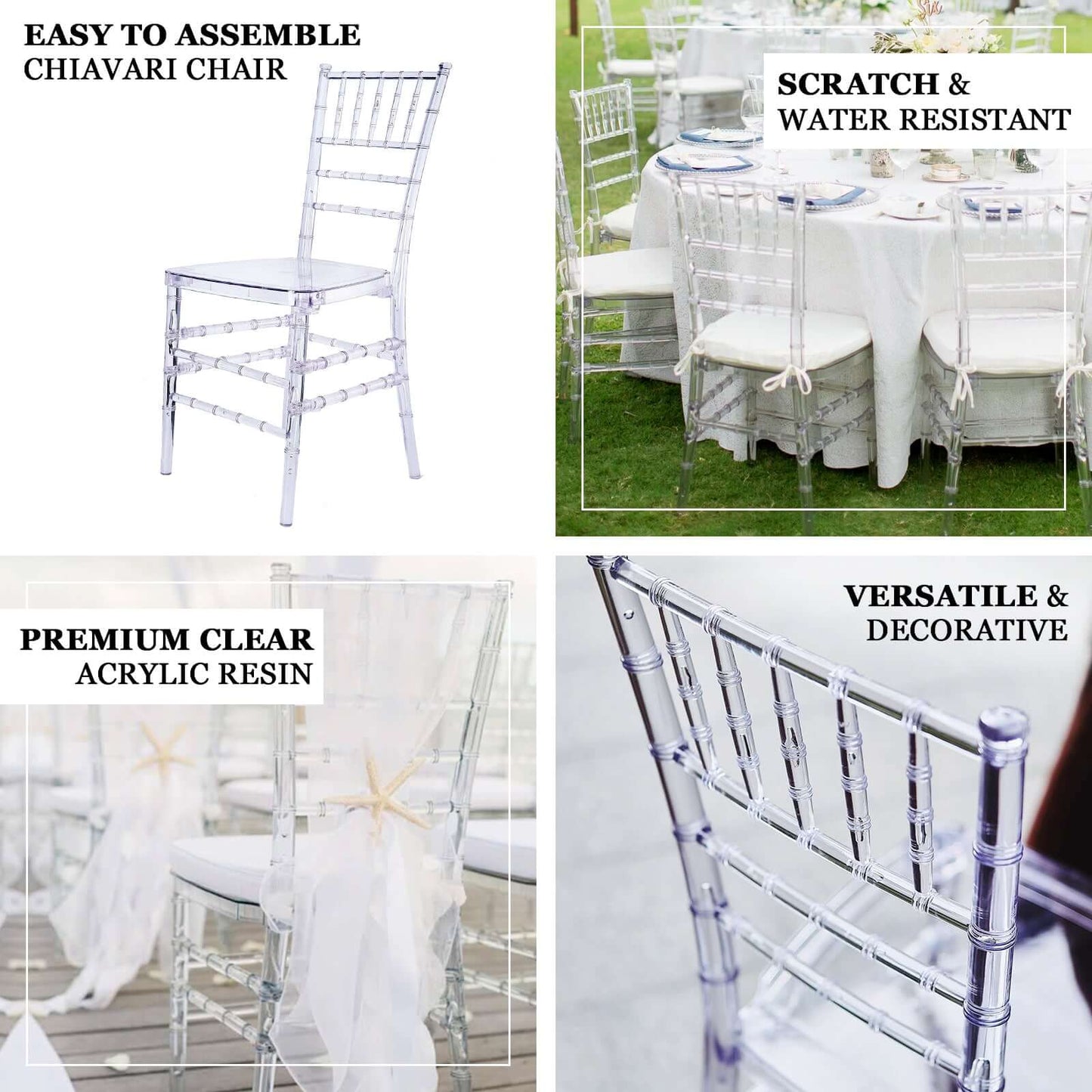 Resin Chiavari Chair Transparent and Stackable Clear - Sleek Armless Design for Weddings & Gatherings