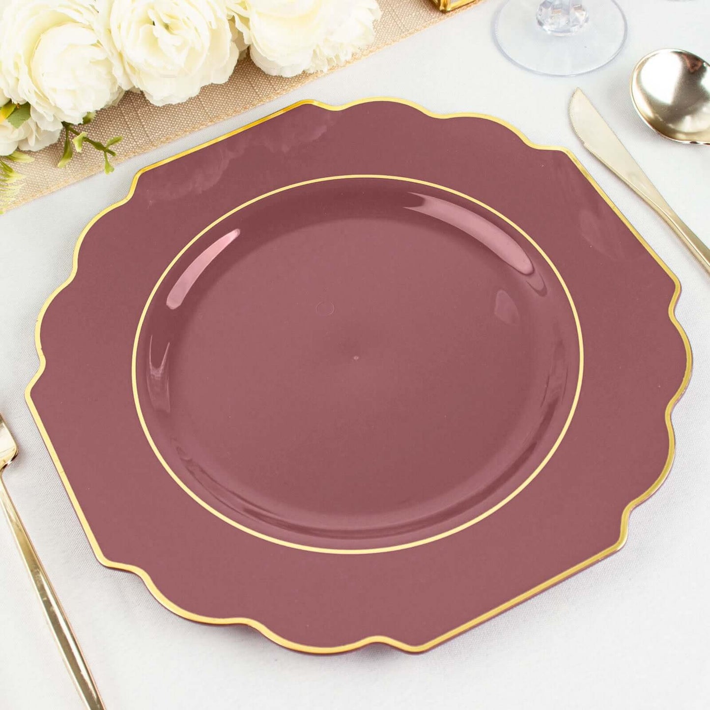 10-Pack Plastic Dinner Plates in Cinnamon Rose Baroque Design with Scalloped Gold Rim - Heavy Duty Disposable Party Plates 11"