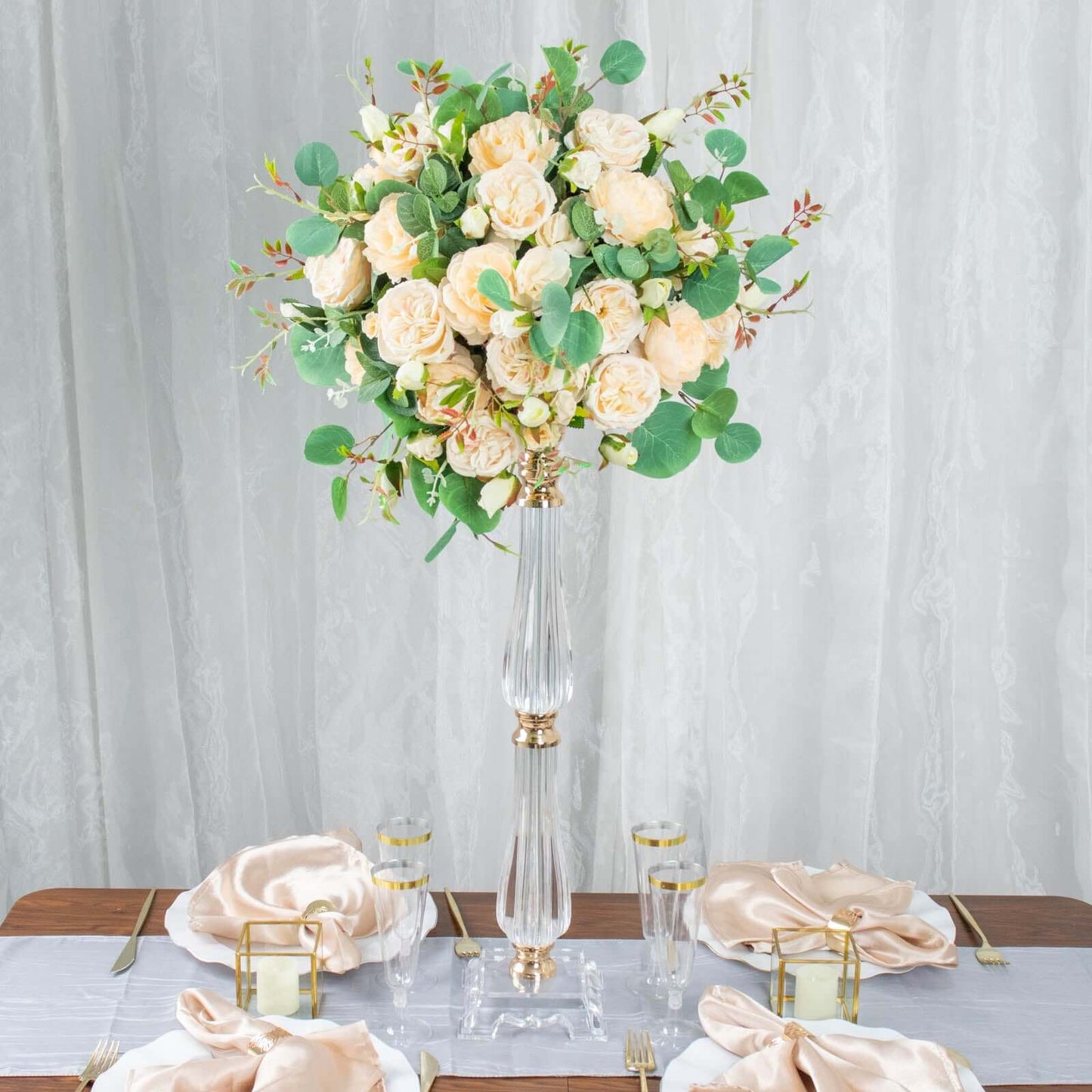 Acrylic Crystal Pillar Candle Stand Gold/Clear - Table Centerpiece and Wedding Flower Bowl Pedestal 24"