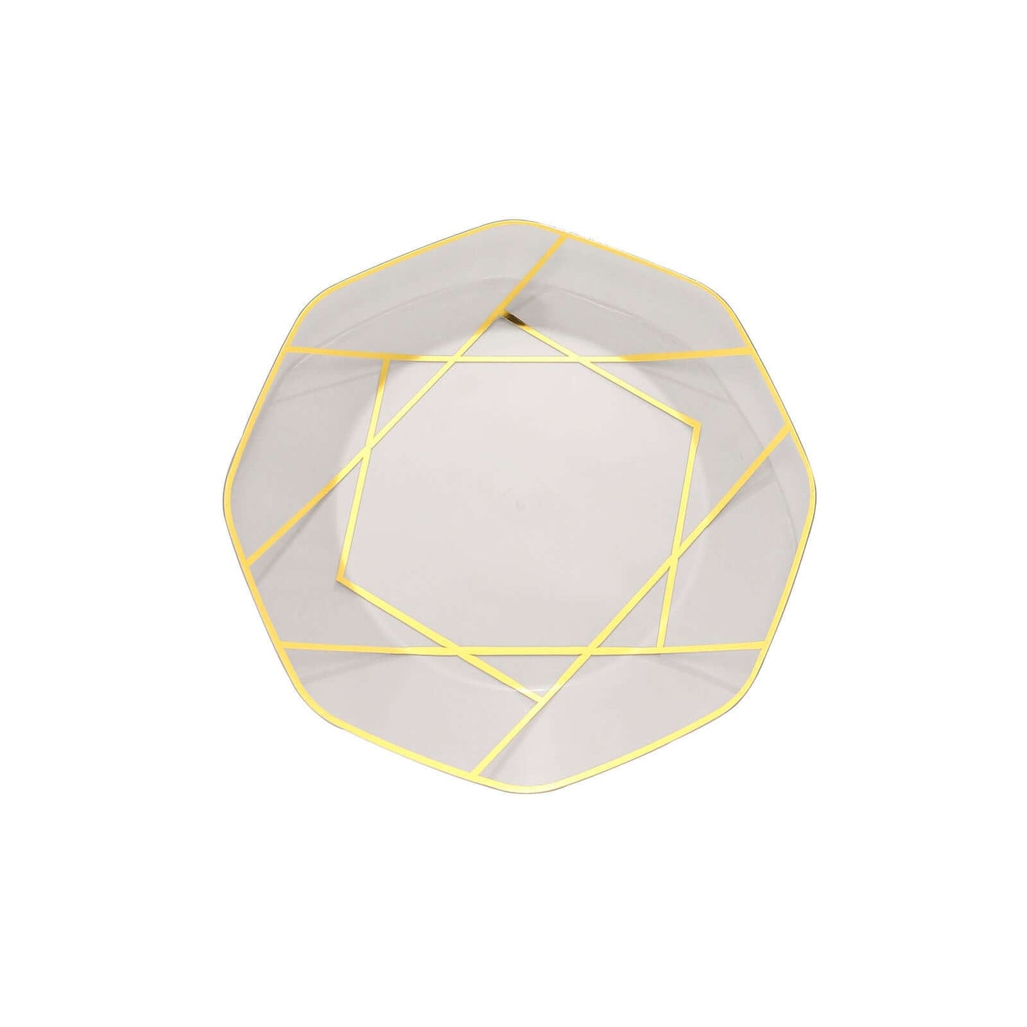 10-Pack Plastic 8" Octagon Dessert Plates in Clear - Modern Disposable Salad/Appetizer Plates with Gold Geometric Design for Special Occasions & Celebrations