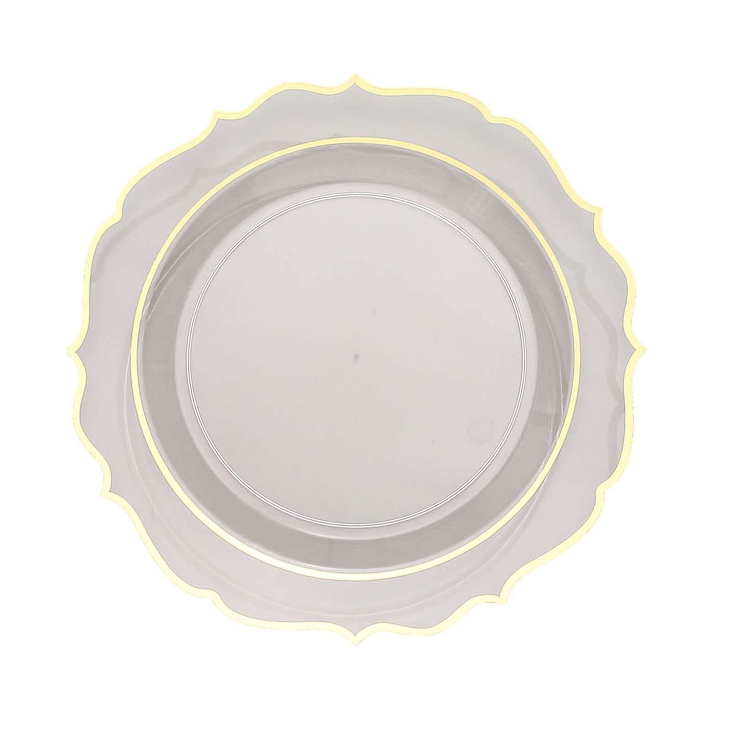 10-Pack Plastic 8" Round Dessert Plates in Clear with Gold Scalloped Rim - Disposable Appetizer/Salad Plates