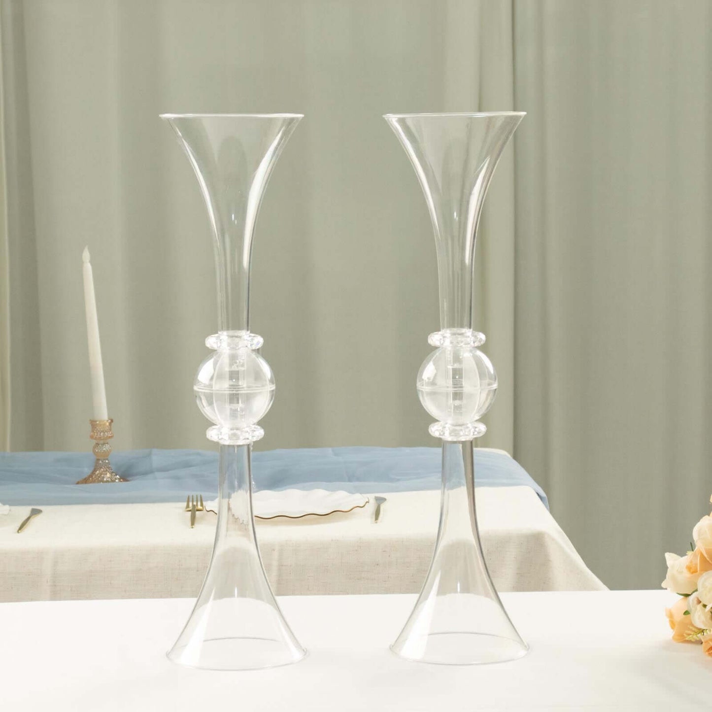 2-Pack Flower Vases Trumpet Design with Crystal Embellishments Clear - Reversible Plastic Table Centerpieces 21"