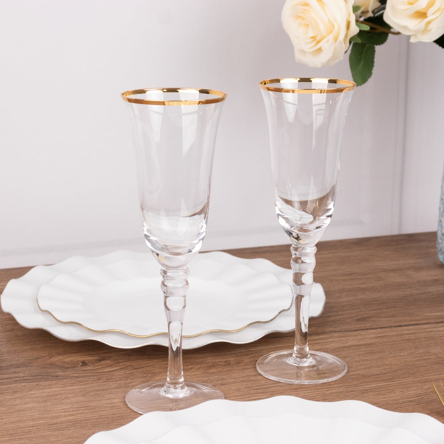 6-Pack Champagne Flute Glasses Clear Gold Rimmed Design with Long Beaded Stem - Chic Crystal Glassware for Wine & Events 6oz 8.5"