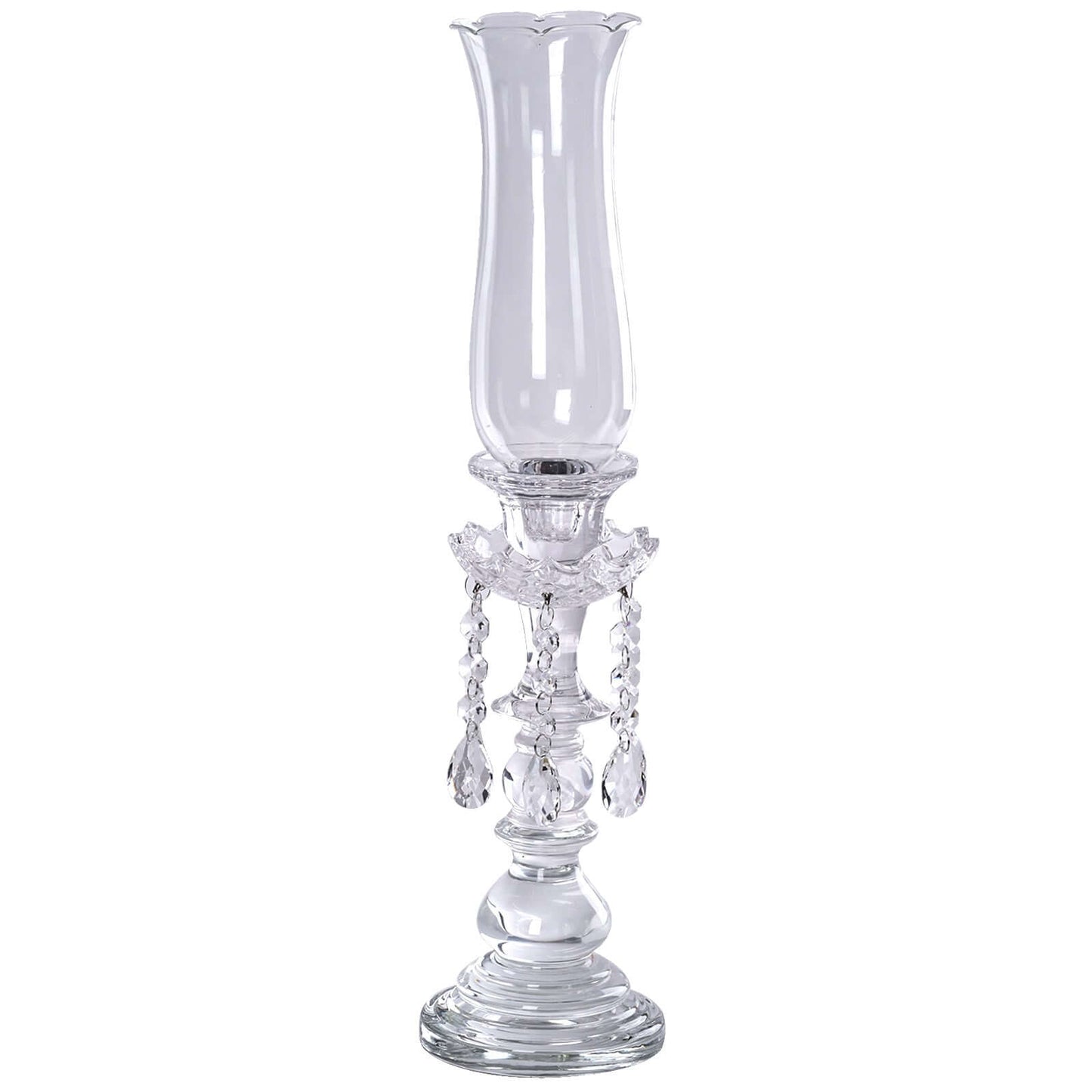 Crystal Glass Hurricane Candle Taper Candlestick Holder, Decorative Piece With Chandelier Chains 20"