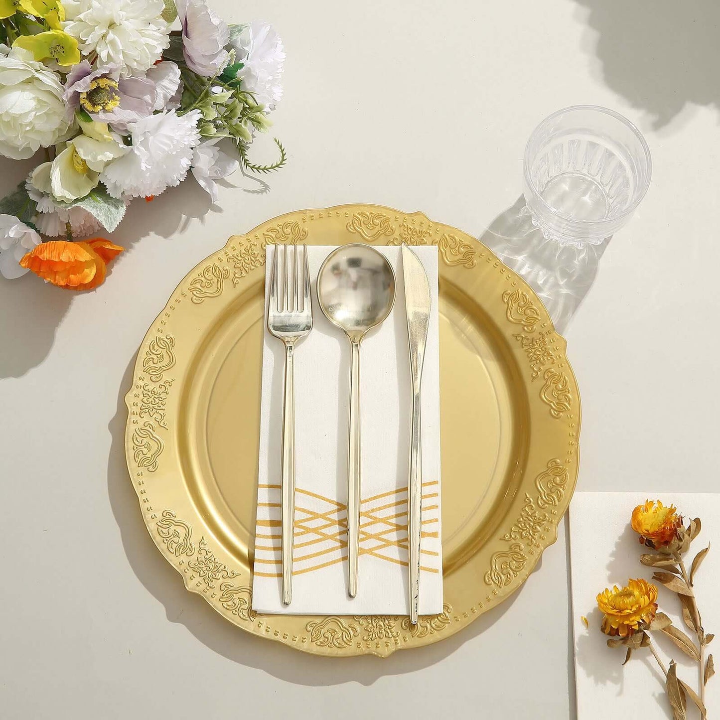 10-Pack Plastic 10" Round Dinner Plates Gold Embossed Scalloped Edge - Chic Disposable Party Plates for Special Occasions & Banquets