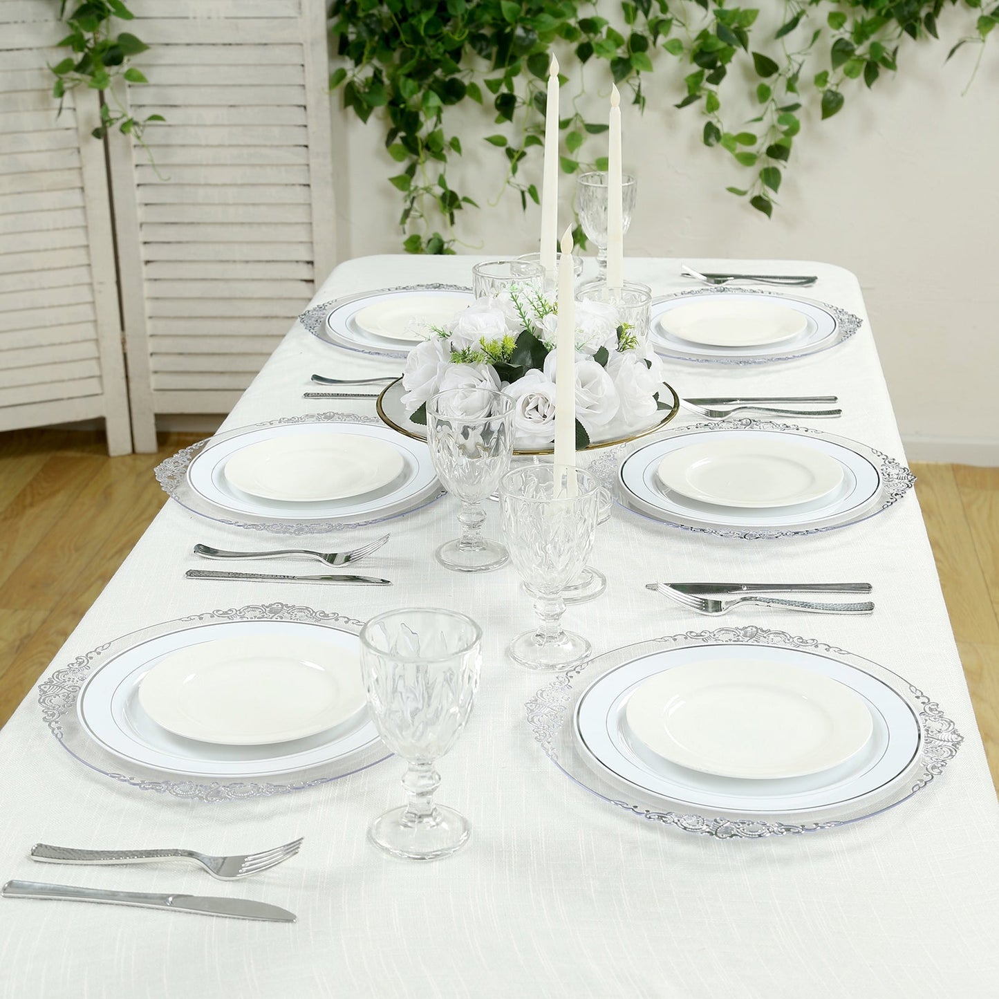 20-Pack Economy Plastic Round Charger Plates 13" in Clear with Silver Embossed Baroque Rim, Stylish Dinner Party Serving Plates