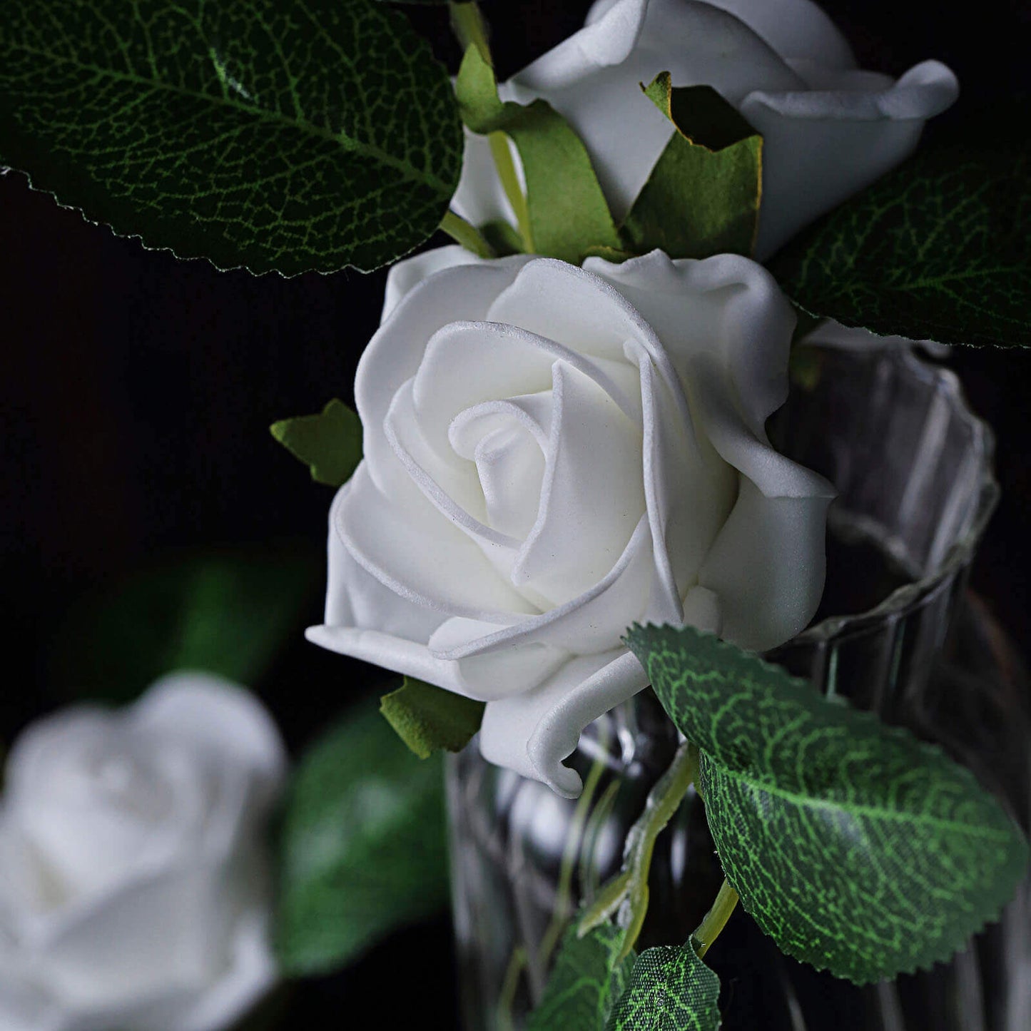 24 Roses 2" White Artificial Foam Flowers With Stem Wire and Leaves