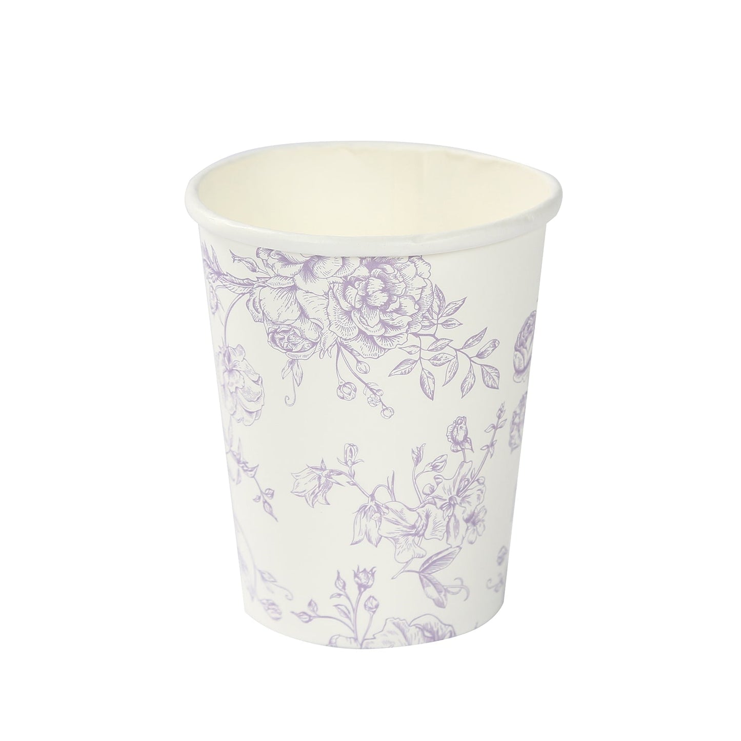 24-Pack Paper Cups in White with Lavender Lilac French Toile Print - Stylish Disposable Floral Party Cups for Weddings & All Purpose Use 9oz