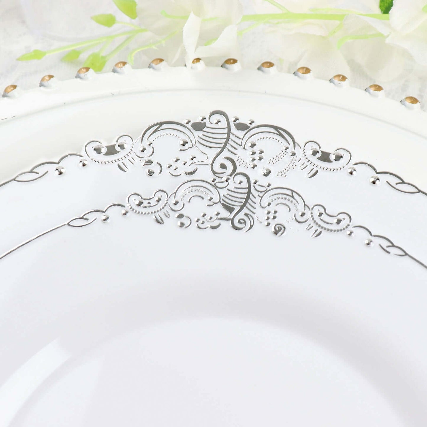 10-Pack Plastic 10" Round Dinner Plates in White with Silver Leaf Embossed Rim - Disposable Vintage Baroque Style Plates